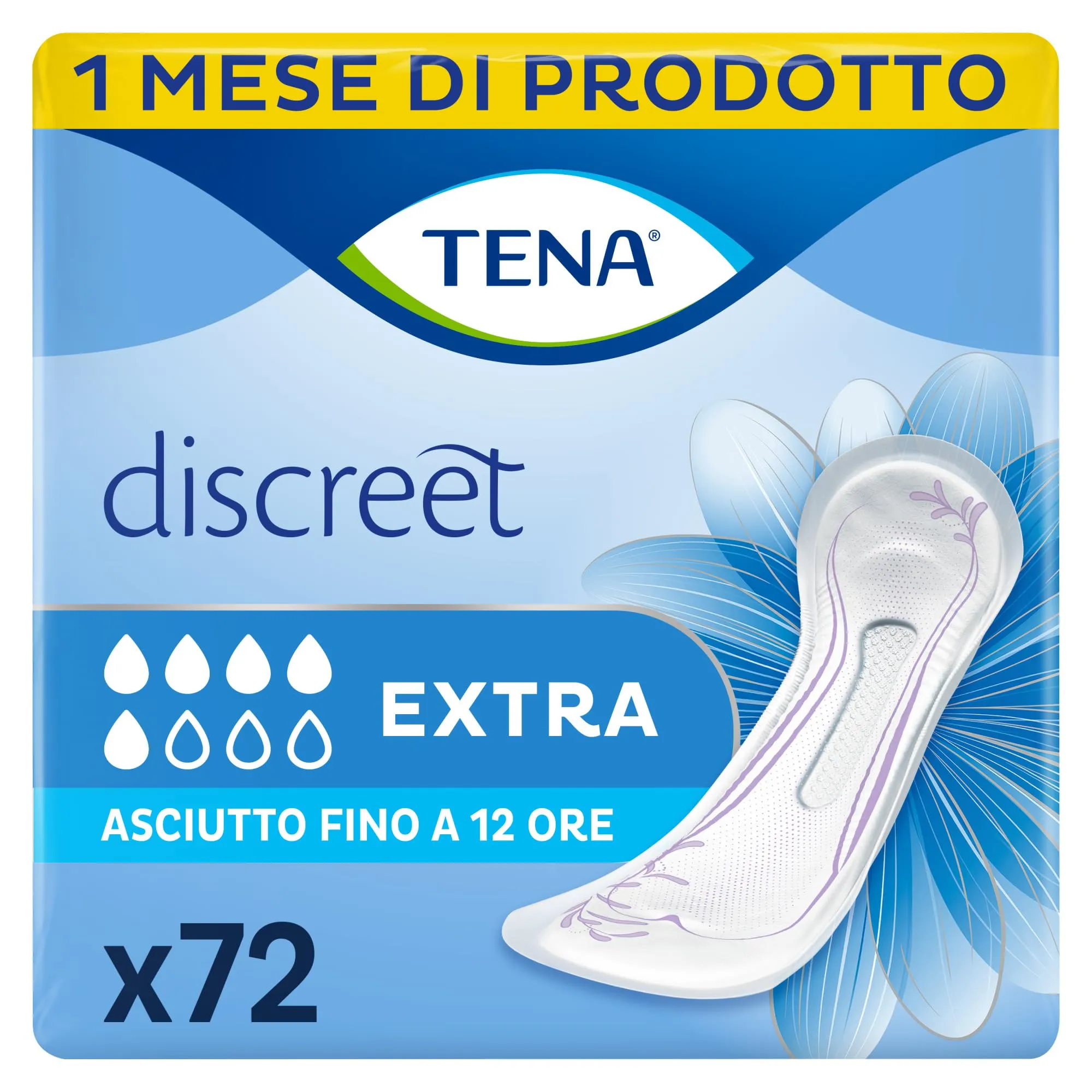 TENA Discreet Extra Pacco Scorta Mensile, Assorbenti per Perdite Urinarie Femminili, Discreti e Confortevoli, 6 Confezioni x 12 Pezzi