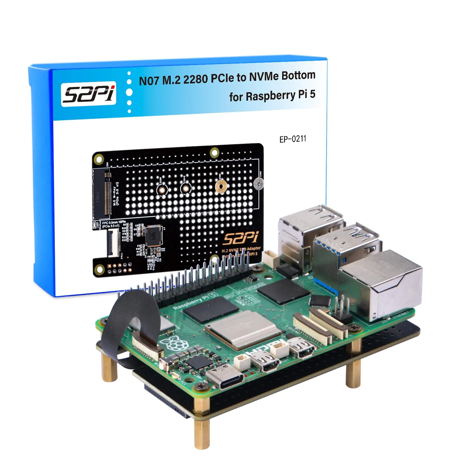 GeeekPi N07 M.2 PCIe a NVMe Bottom SSD Pip Periferica di Sostituzione per Raspberry Pi 5, Supporta M.2 Key-M NVMe 2230/2242/2260/2280 (SSD e Pi5 non inclusi)