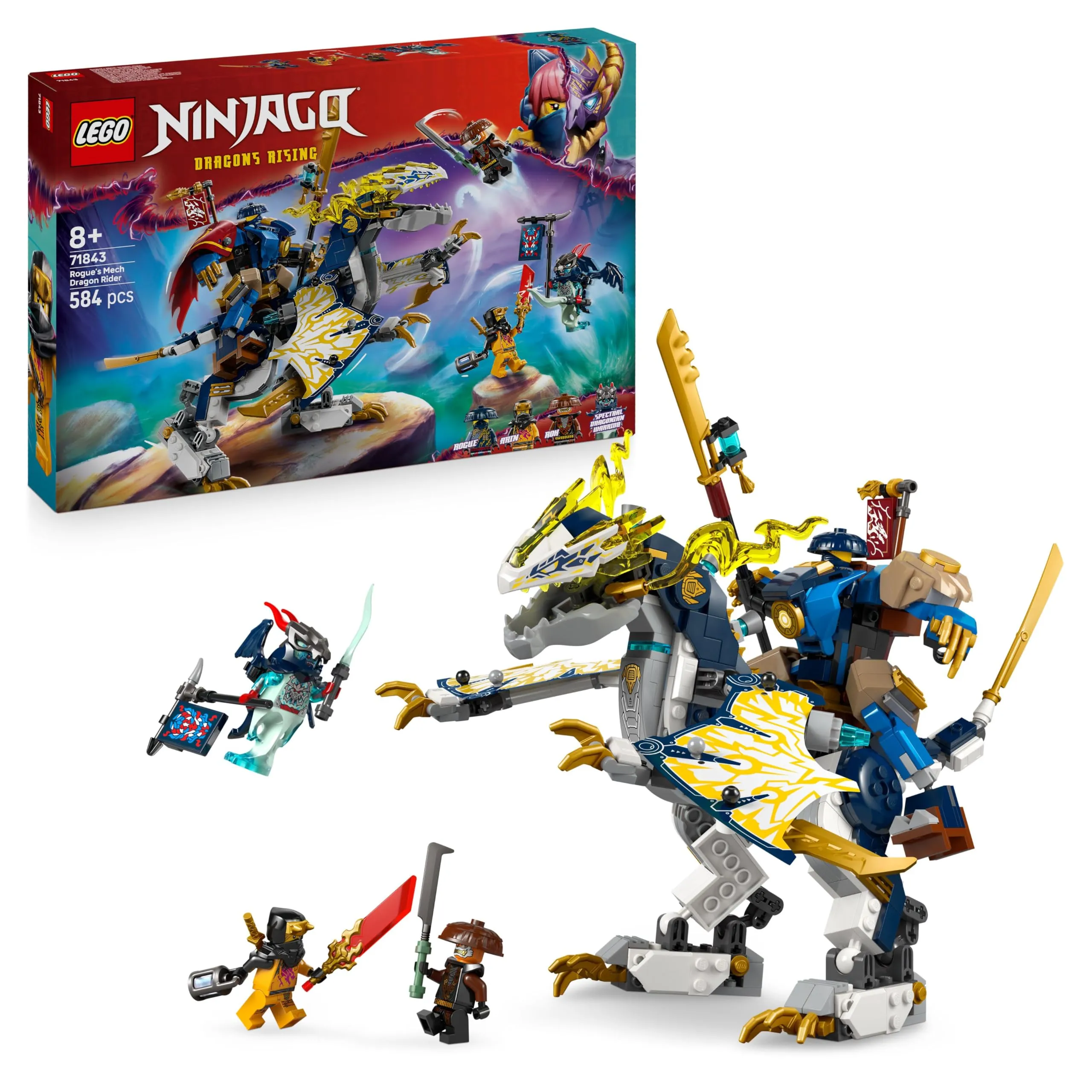 LEGO NINJAGO Mech Cavalca-Drago di Rogue - Set con Drago Giocattolo e Mech - 4 Minifigure tra cui Lloyd e Arin e Spada Rivelatrice - Regalo per Bambini da 8 Anni Fan di La Rivolta dei Draghi - 71843