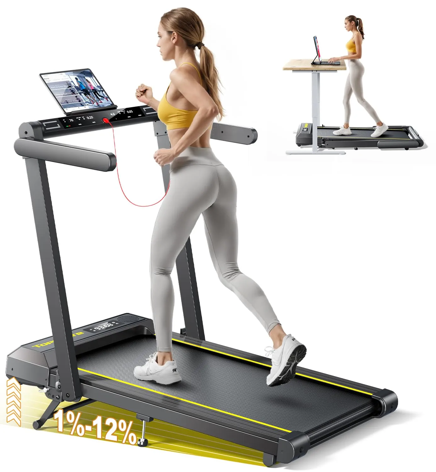 Tapis Roulant Elettrico Pieghevole, 16 km/h Tapis Roulant Sotto Scrivania, 2 in 1 Home Treadmill, Doppio Display LED, 12 Programmi, Cardiofrequenzimetro, APP e Telecomando, Garanzia e Assistenza