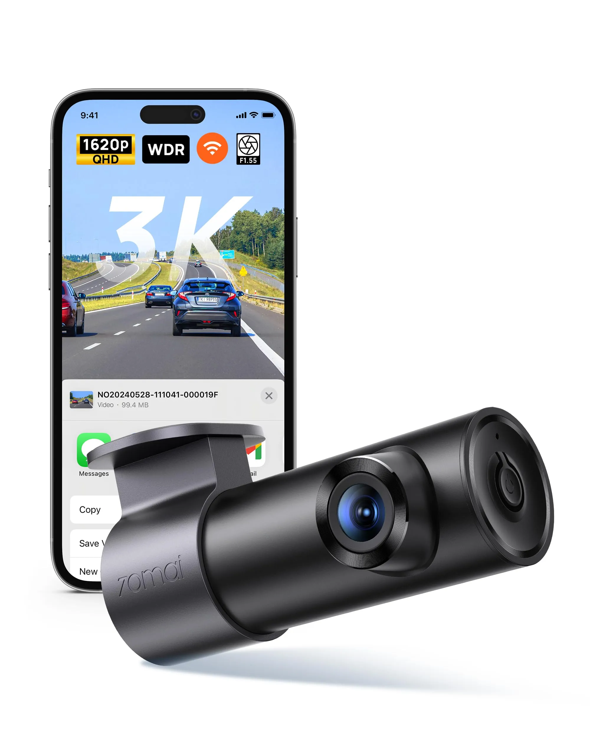 70mai 2K Dash Cam Auto M310 1296P Dashcam con WiFi Integrati, WDR, Registrazione in Loop, Modalità Parcheggio, Visione Notturna, Registr. Time-lapse, Controllo APP Telecamera per Auto, Max 256 GB