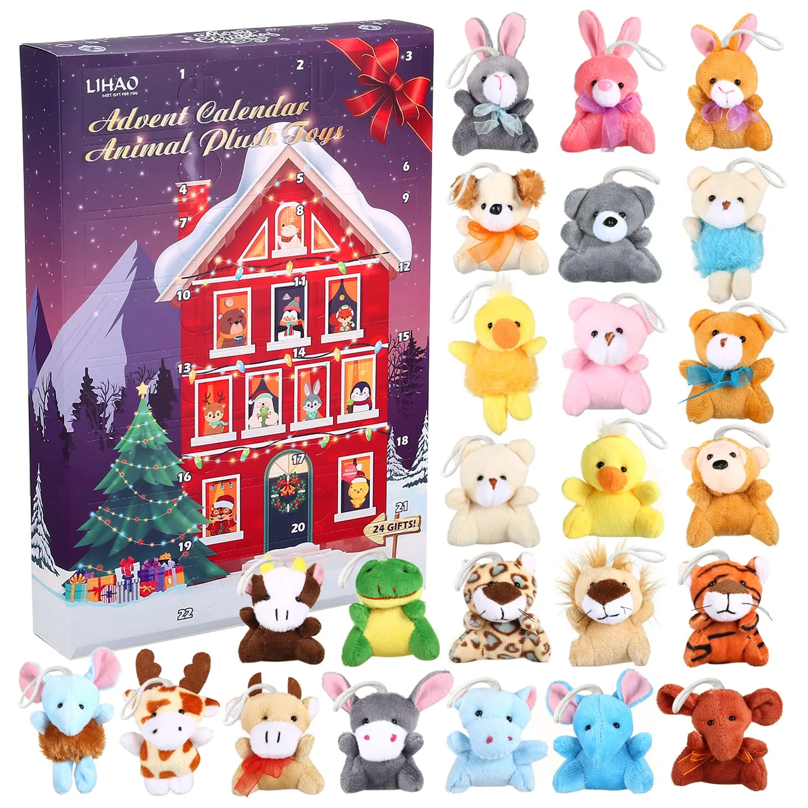 LIHAO Calendario dell'Avvento, 24pz MINI Giocattoli di Animali Peluche Regali Natale per Bambini