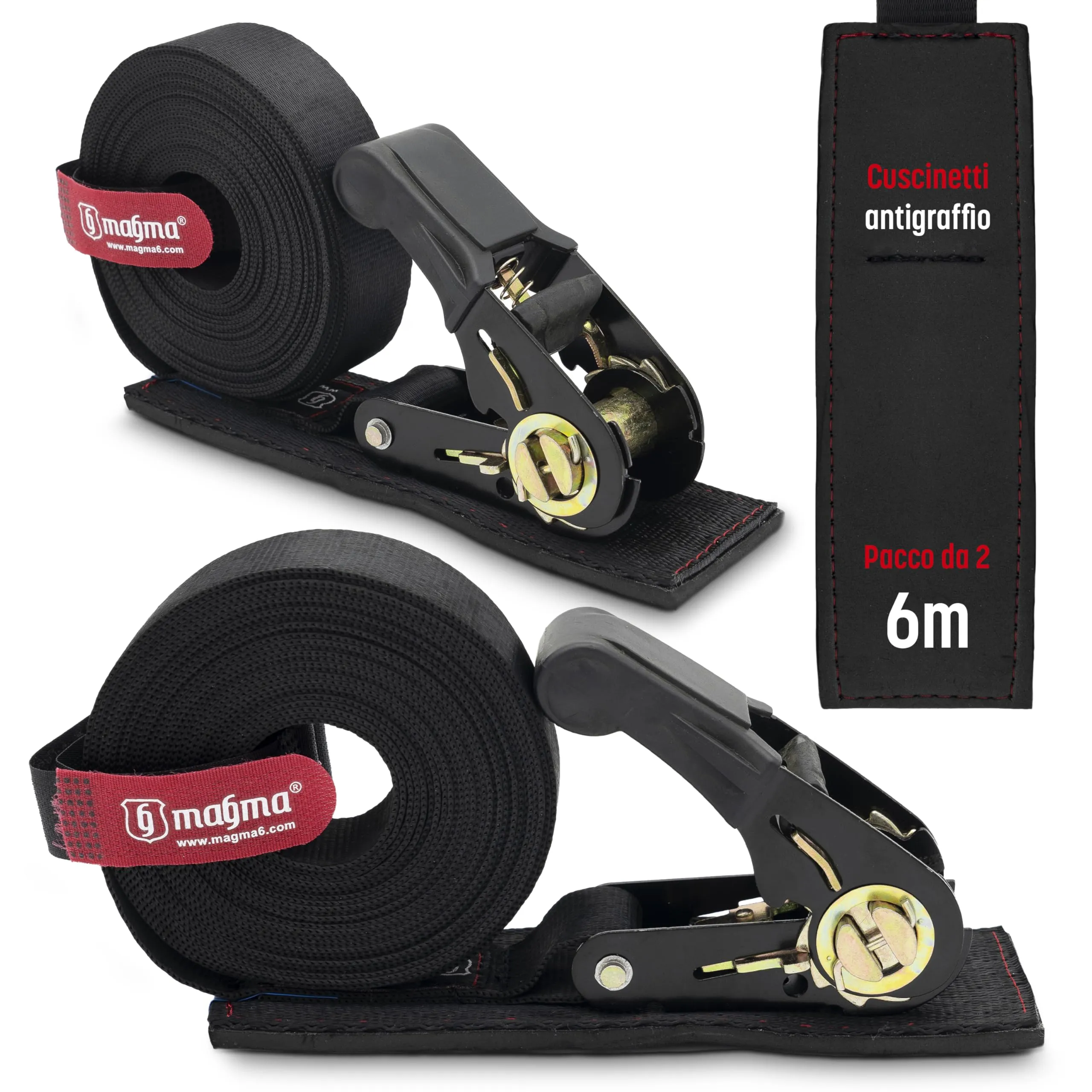 MAGMA Confezione da 2 cinghie di ancoraggio a cricchetto con protezione antigraffio 6M, Tenditore a cricchetto, Cinghia di ancoraggio per camion, auto, moto, rimorchi, Cinghie di ormeggio