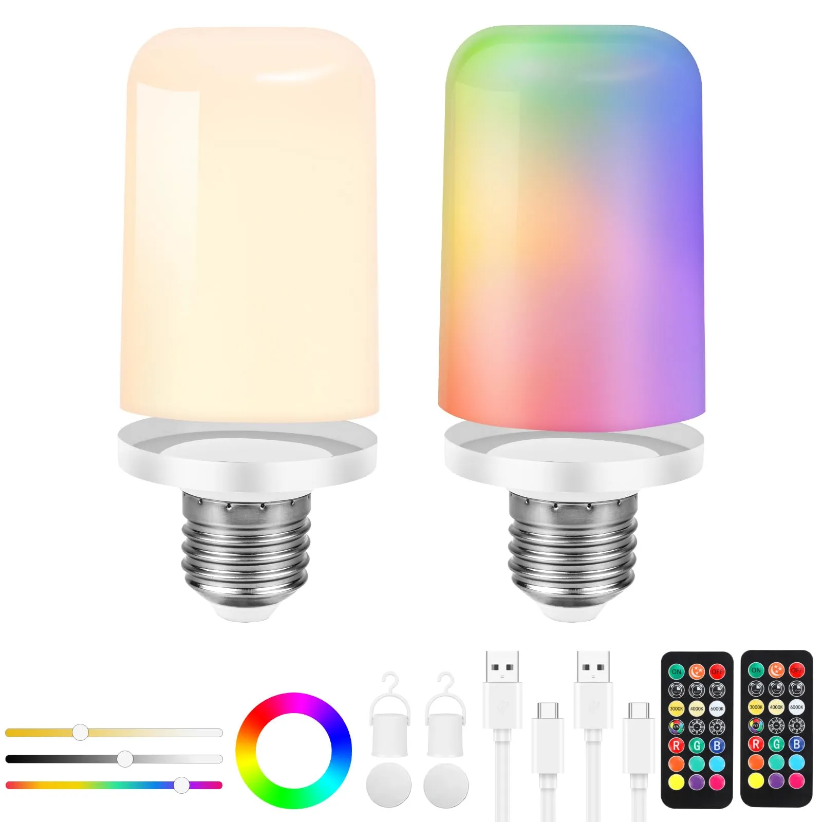 Birnetek Lampadina LED E27 Ricaricabile USB-C, 6W, con Telecomando e Touch Control, Dimmerabile con Timer, Luce di Emergenza con Gancio, 2 Pezzi