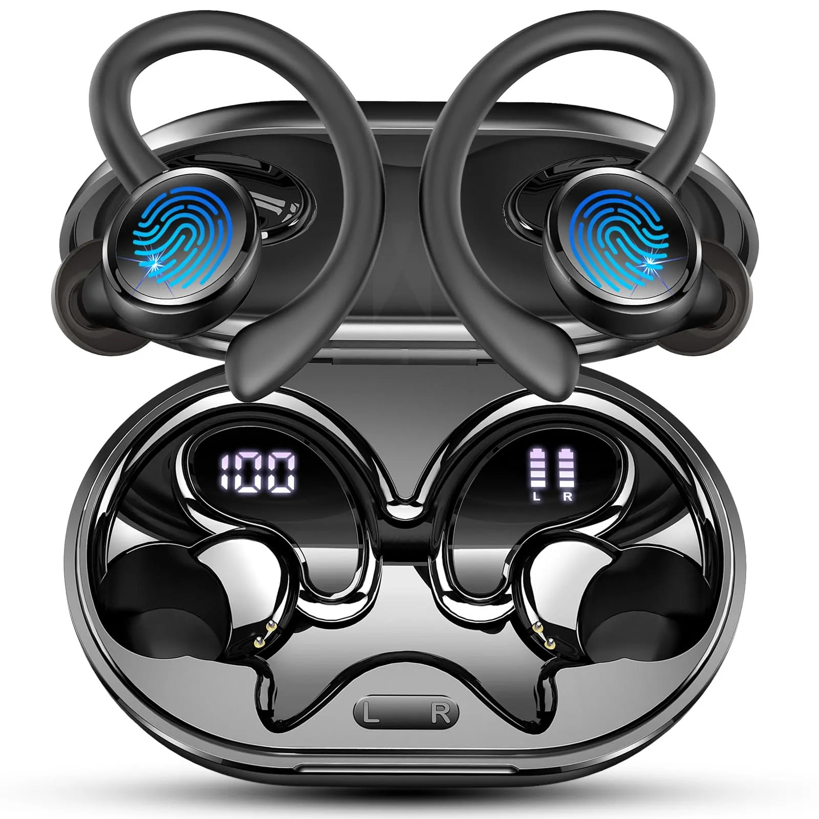 Cuffie Bluetooth 5.4 Sport, Auricolari Bluetooth con 3D Bass Stereo, 50 Ore Cuffie Wireless In Ear Cancellazione Rumore ENC e 4 HD Mics, IP7 Impermeabile Cuffiette HiFi, Cuffie Senza Fili LED Display