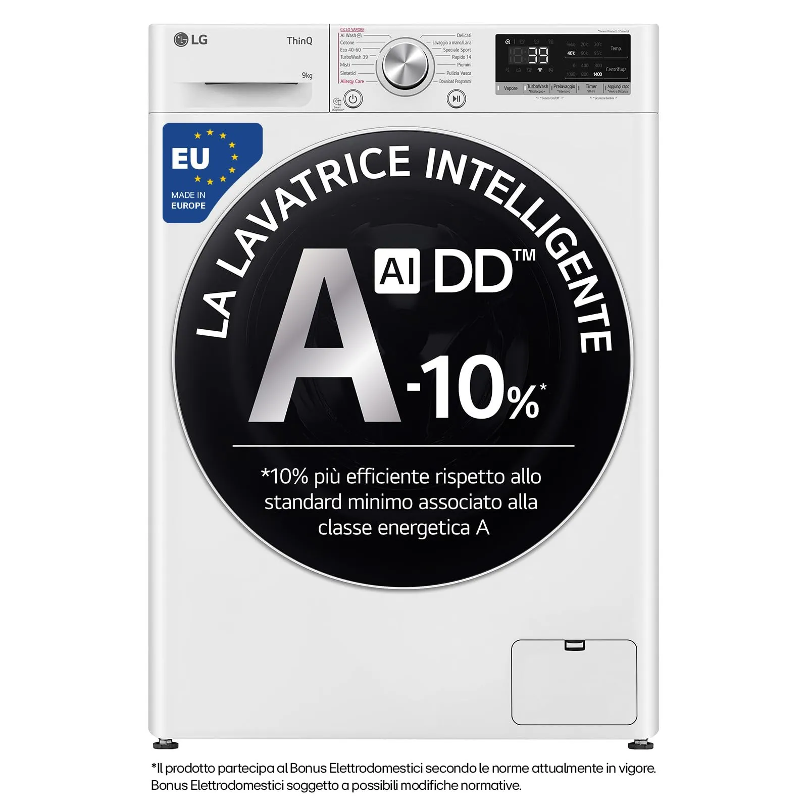 LG AI DD F4R709TAIDD Lavatrice Classe A -10%, Carica Frontale Serie R7, Lavatrice 9kg, 1400 giri, AI Wash, TurboWash 360, Lavaggio a Vapore, Wi-Fi, Motore Direct Drive, Libera Installazione, Bianca