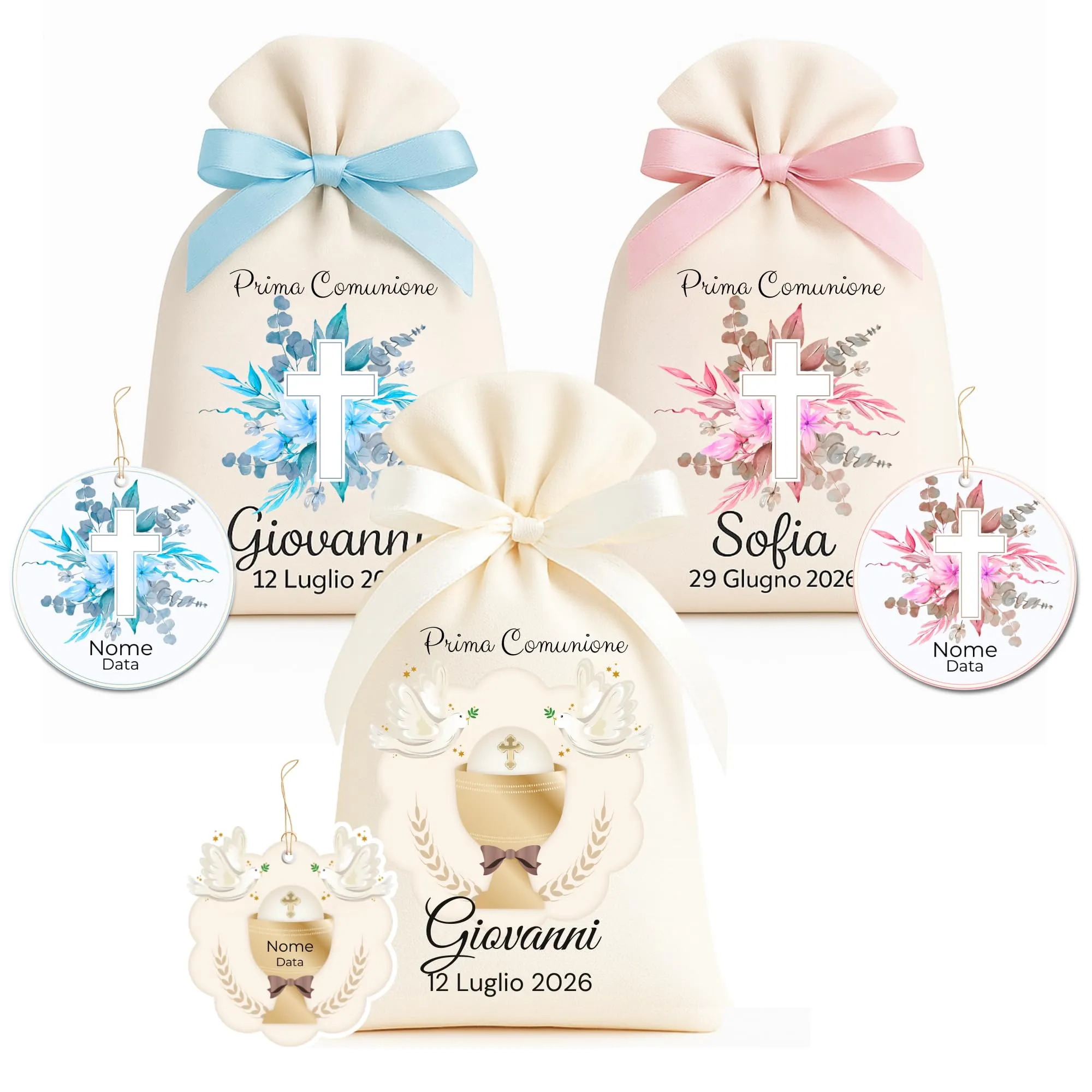 Sacchetti Prima Comunione Personalizzati – Set 10 Pz con 10 Bigliettini Abbinati – Bomboniere Portaconfetti con Nome e Data – Fiocco Bianco/Rosa/Celeste – Ricordo Cerimonia Bimbo/Bimba – Made in Italy