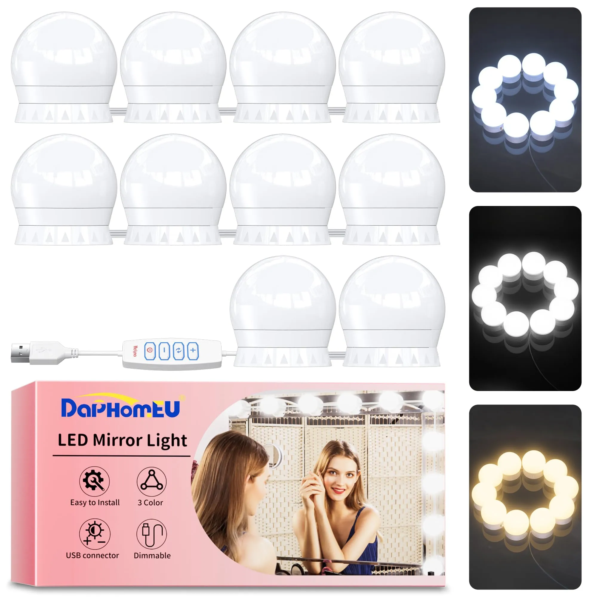daphomeu USB Luci per Specchio da Trucco, 10 Lampadine Dimmerabili, Luci da Specchio Hollywood con 3 Modalità Colore, Make Up Luce a LED per Trucco Cosmetico Bagno