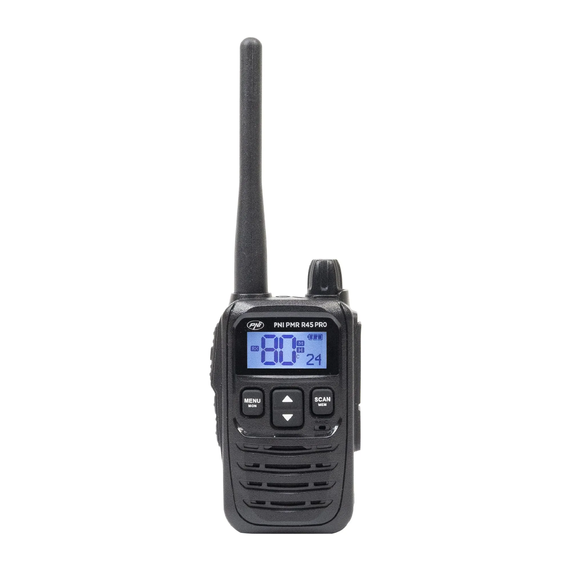 PMR R45 PRO 446 MHz, 0,5 W, 99 canali programmabili, 16 PMR e 38 CTCSS e 104 toni DCS, silenzioso a 5 livelli, VOX, TOT, BCL, Scan, Roger Beep
