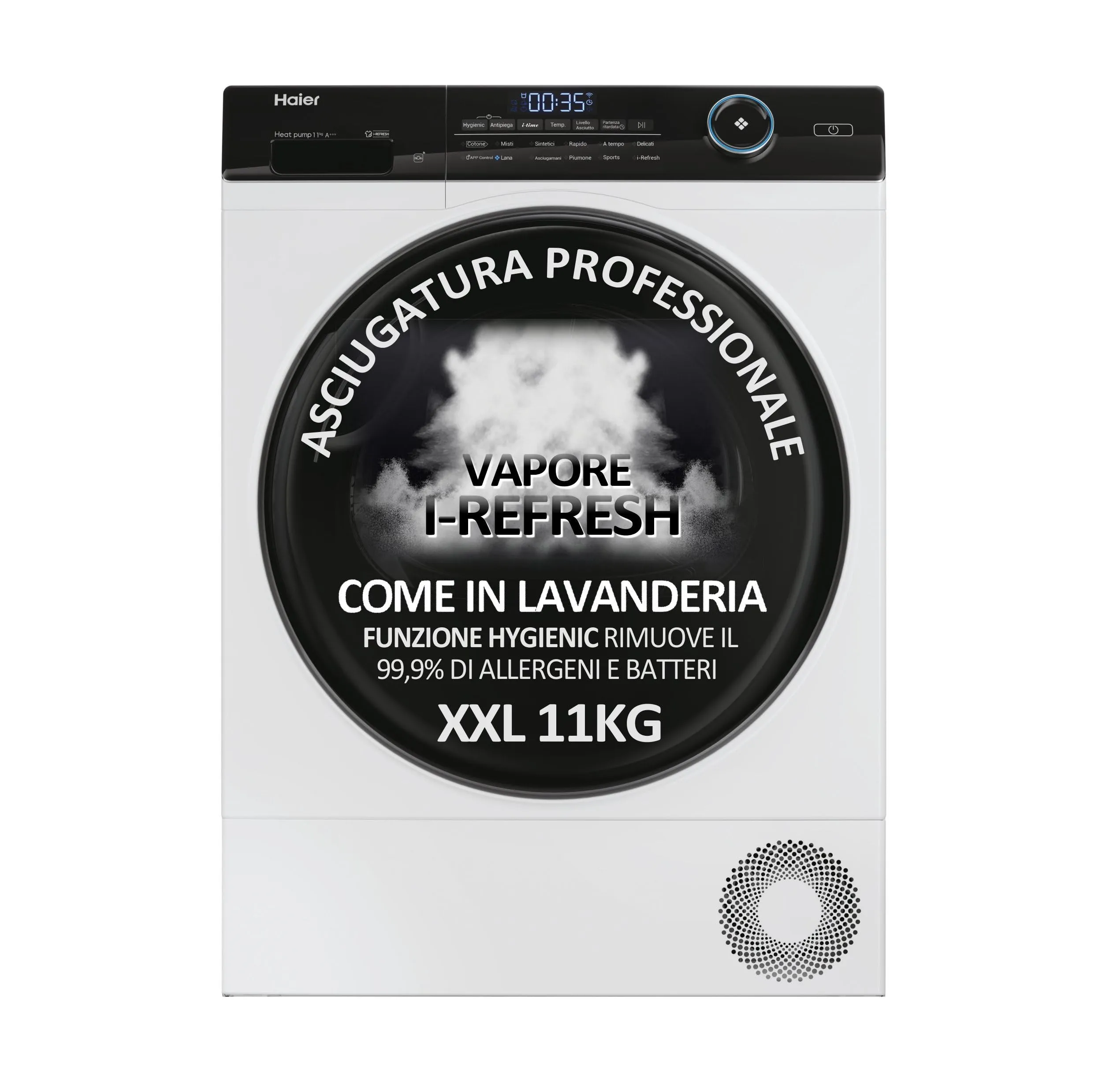 Haier I-Pro Serie 5 Asciugatrice 11 Kg, Libera Installazione, Carica Frontale, Classe C, 11 programmi, Partenza Programmabile, Vapore, AxLxP 85x59,6x65 Bianca - HD110-A3959E-IT