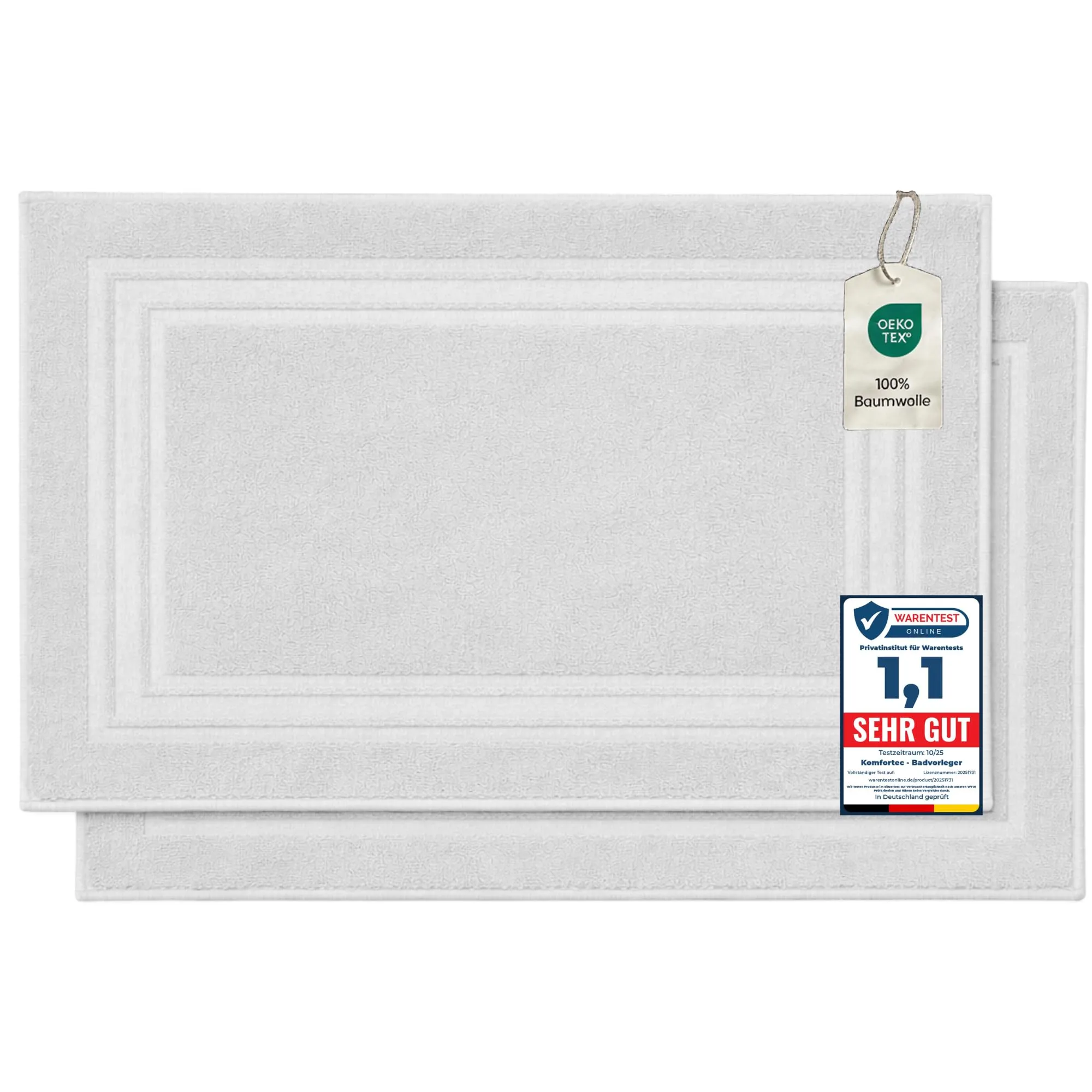 Komfortec - Set di 2 Tappetini da Bagno, Tappetini in Spugna per Doccia, Lavabili, Assorbenti e a Rapida Asciugatura – 600 g/m², 100% Cotone, 50x70 cm, Bianco