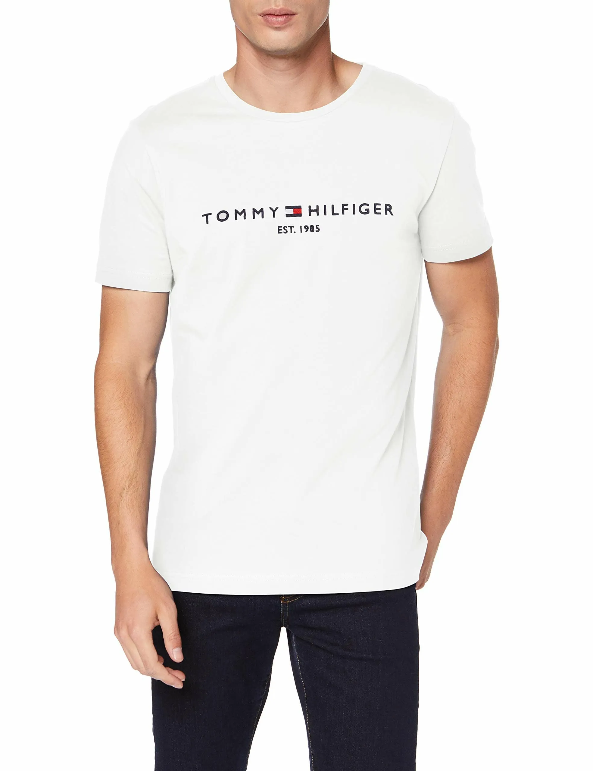 Tommy Hilfiger Uomo T-Shirt Maniche Corte Core Tommy Logo Scollo Rotondo, Bianco (Snow White), S