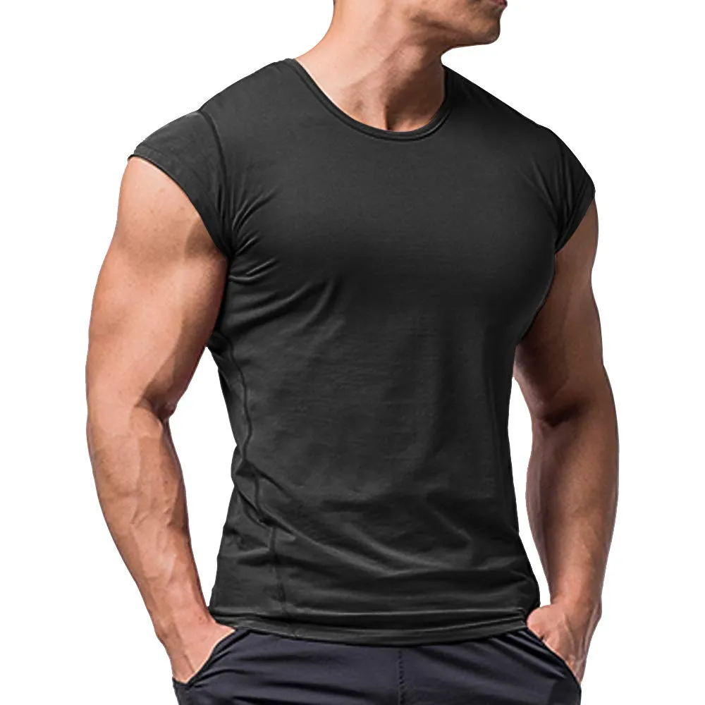 Uomo Atletico Magliette Tees Corto Manica Muscolo Taglio per bodybuilding Allenarsi Formazione Fitness Top equipaggio Collo cotone Nero L