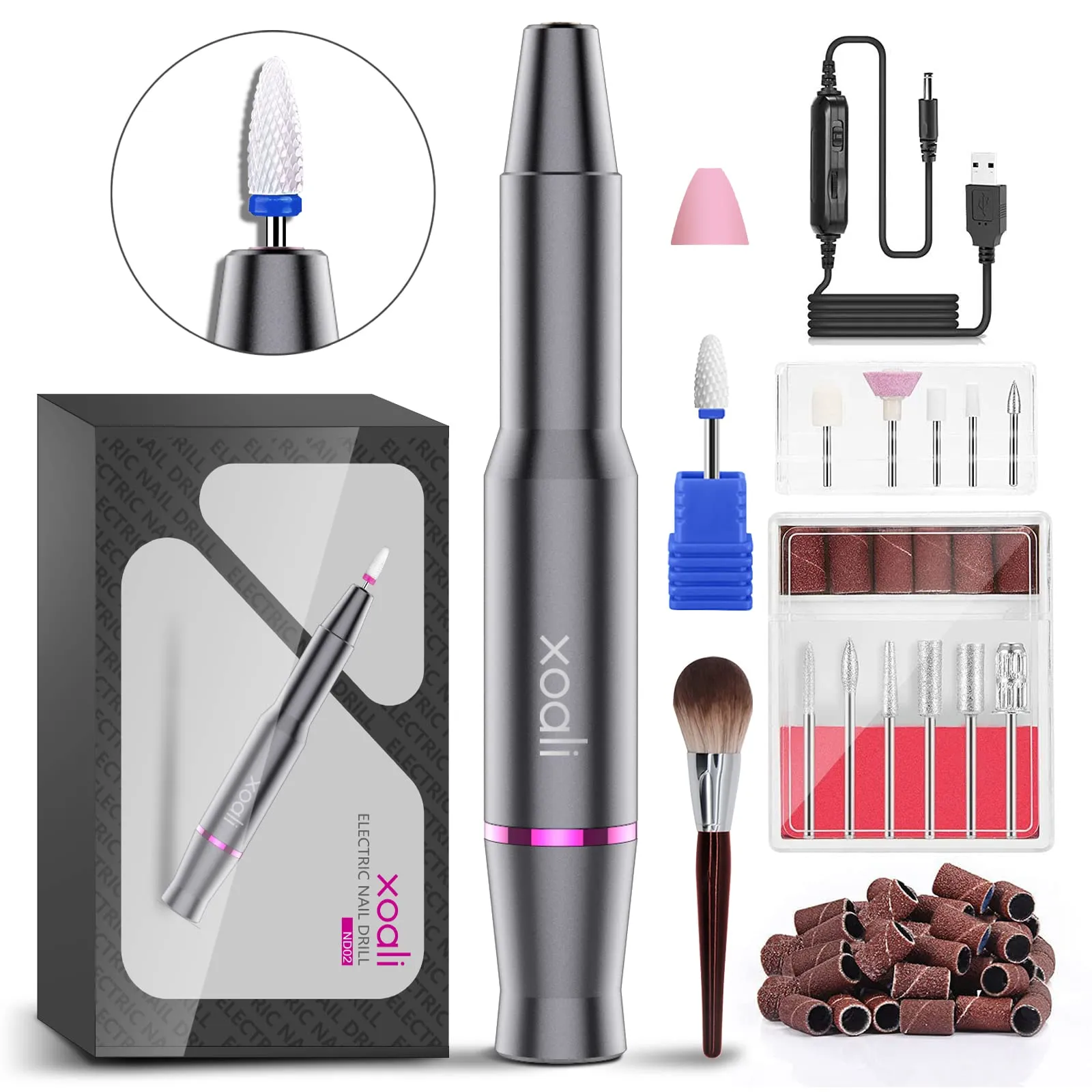 Xoali Fresa per Unghie 25000RPM, Lima Elettrica per Unghie Professionale 12 in 1, Fresa per Unghie Portatile, con Punta in Ceramica, Velocità Regolabile, Manicure e Pedicure Kit per Semipermanente Gel