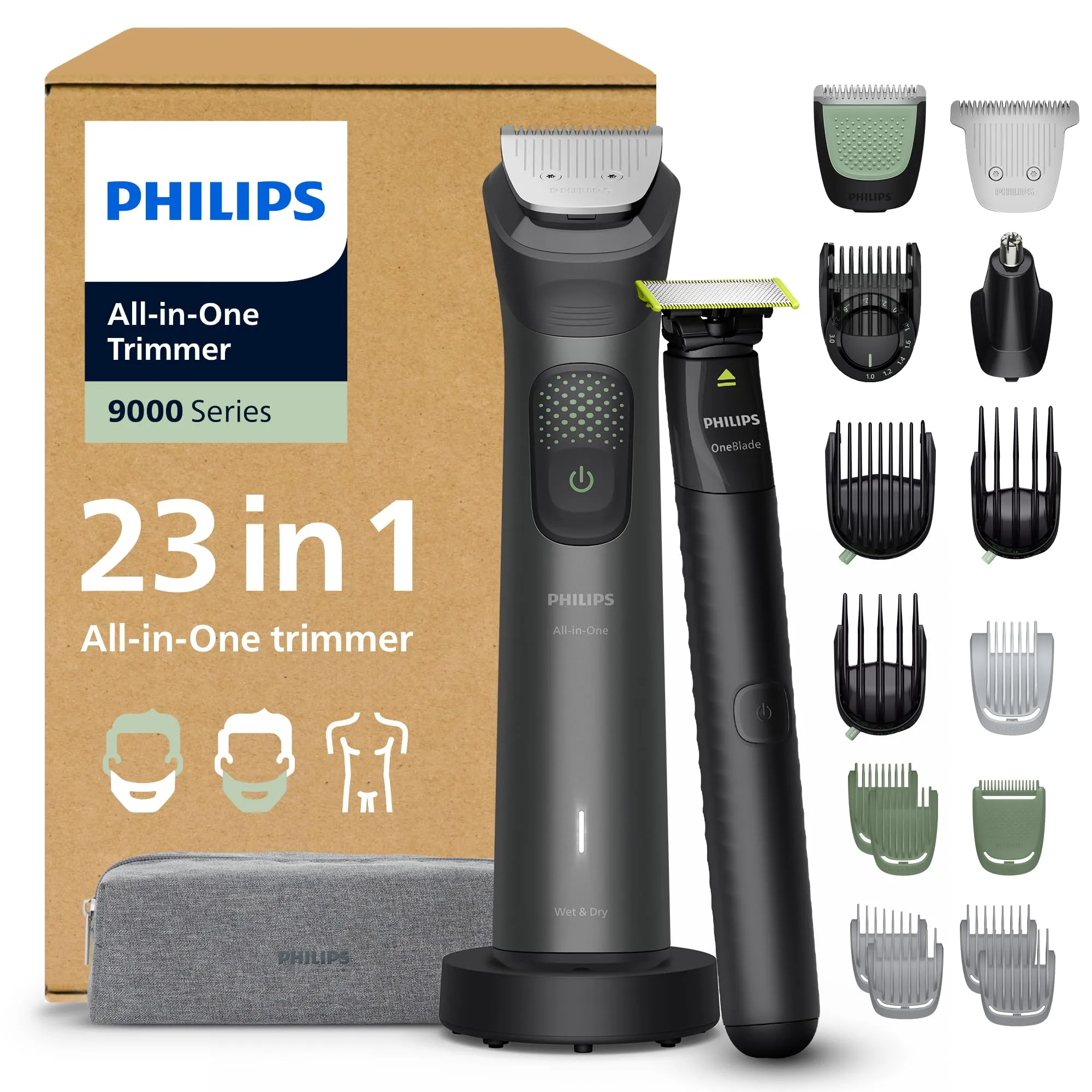 Philips Rifinitore All-in-one Multigroom Serie 9000 23 in 1 - Rasoio + Rifinitore uomo OneBlade - Set completo per viso, testa e corpo, 27 impostazioni di lunghezza (0,2-20 mm), Modello MG9561/30