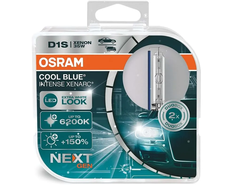 OSRAM XENARC COOL BLUE INTENSE D1S, +150% più luminoso, fino a 6.200K, lampadina per fari allo xeno, look LED, duo box (2 lampade)