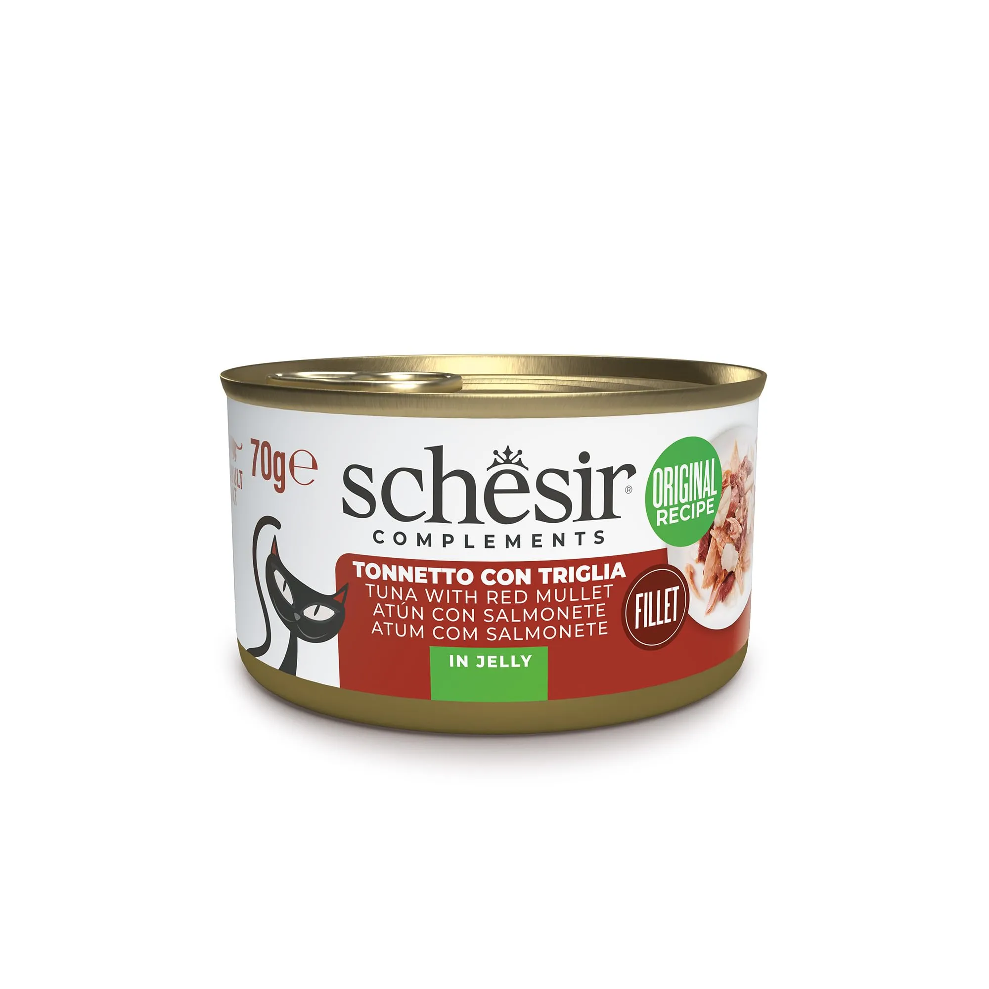 Schesir, Filetti di Tonno con Triglia in Gelatina, Cibo Umido Complementare per Gatti, Ricetta Originale, 100% Naturale, 12 lattine da 70g