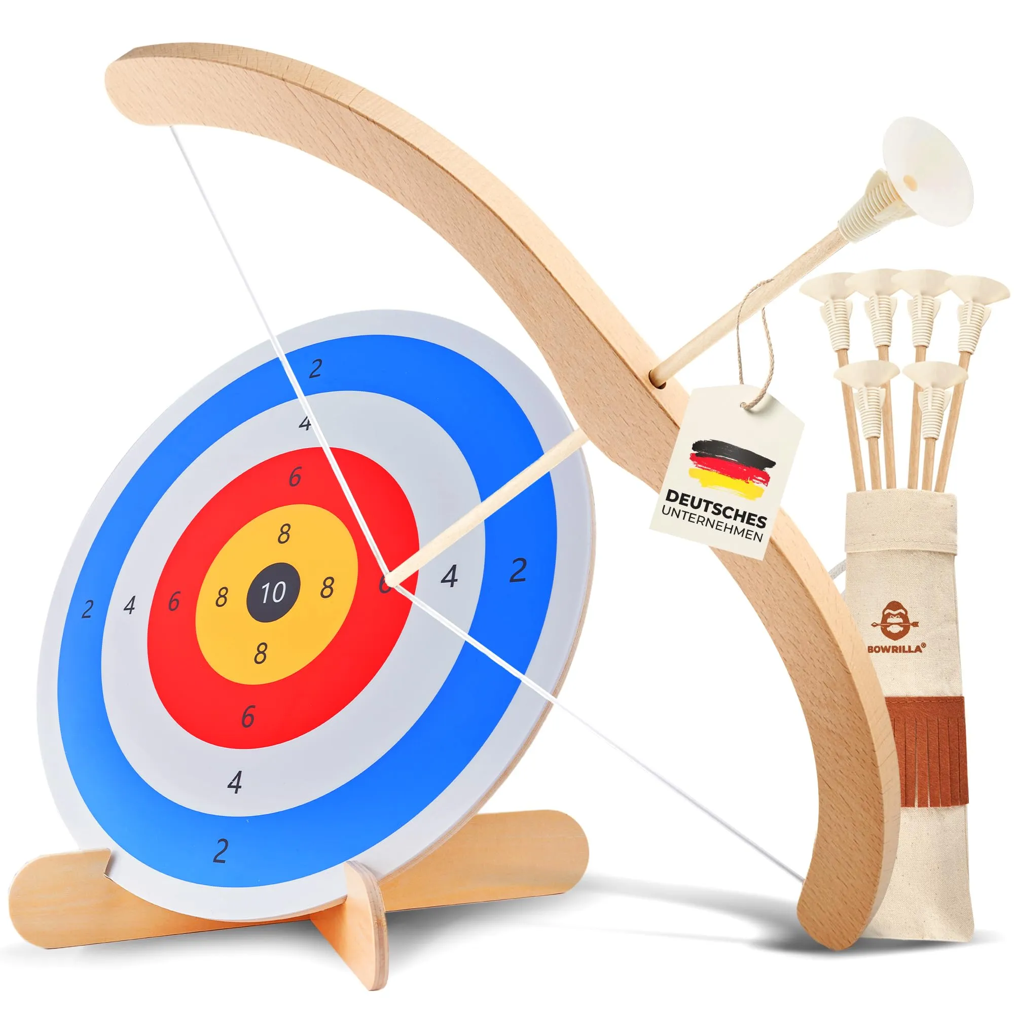 BOWRILLA® Set di 6 frecce e arco per bambini, con ventosa, bersaglio in legno e fareta, giocattolo per bambini per giochi interni ed esterni a partire dai 3 anni in su