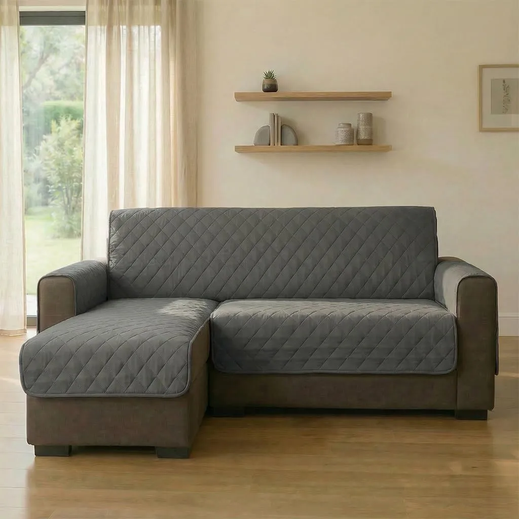 INTRECCI Copridivano 2 Posti con Penisola, Copridivano con Braccioli, Penisola Destra e Sinistra, Telo Angolare, Impermeabile, Protegge da Macchie, Facile da Lavare. Colore: Grigio Scuro