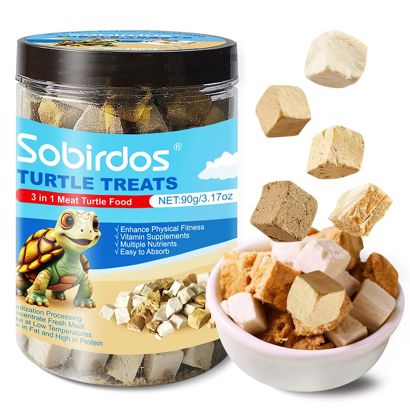 Sobirdos Spuntini alle Tartarughe, 3 in 1 Carne Tartaruga Cibo, Fatto con Carne Fresca, Pollo e Anatra e Pesce Liofilizzato, Arricchito Proteine e Vitamine (90g / 3.17oz) (X)