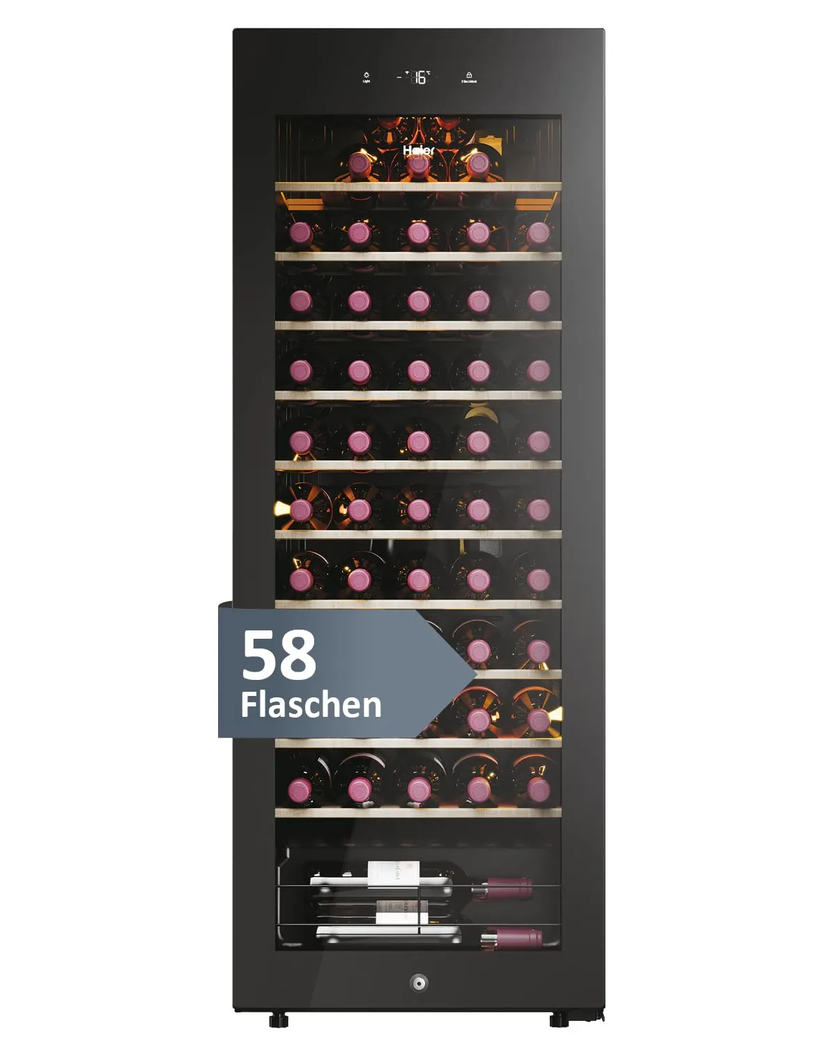 Haier HWS58GGH1 condizionatore per vino 50 SERIE 3 / Numero di bottiglie max. 58/1 zona/WiFi & hon-app/compressore a bassa vibrazione/porta in vetro impermeabile / 10 ripiani in legno/illuminazione a