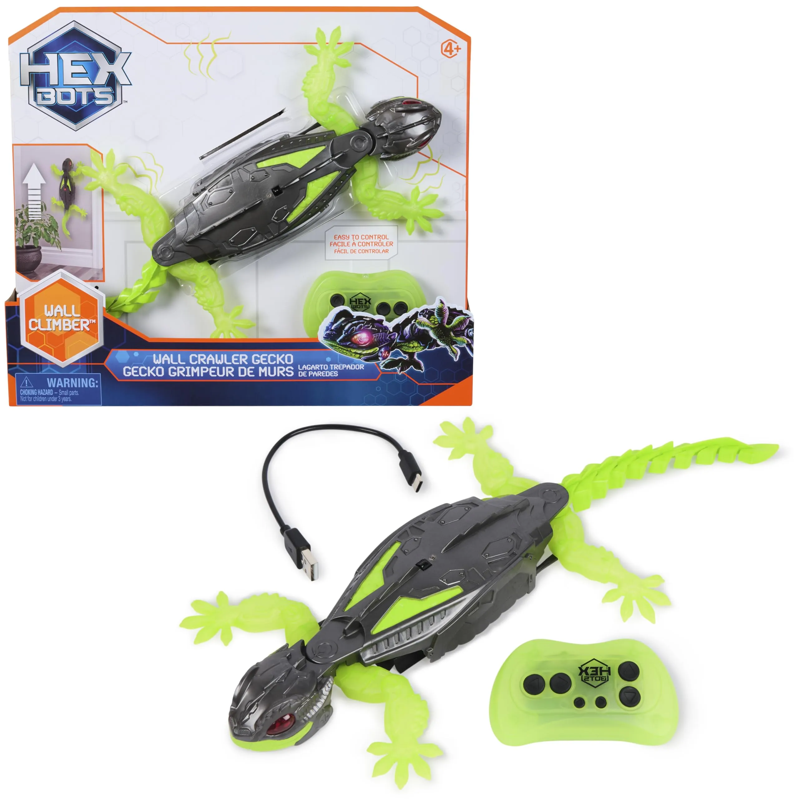 HEX BOTS Geco Interattivo, Giocattolo Radiocomandato, Ricaricabile con Cavetto USB, si Arrampica sulle Pareti e Corre sui Pavimenti, Giocattolo per Bambini e Bambine, 4+ Anni