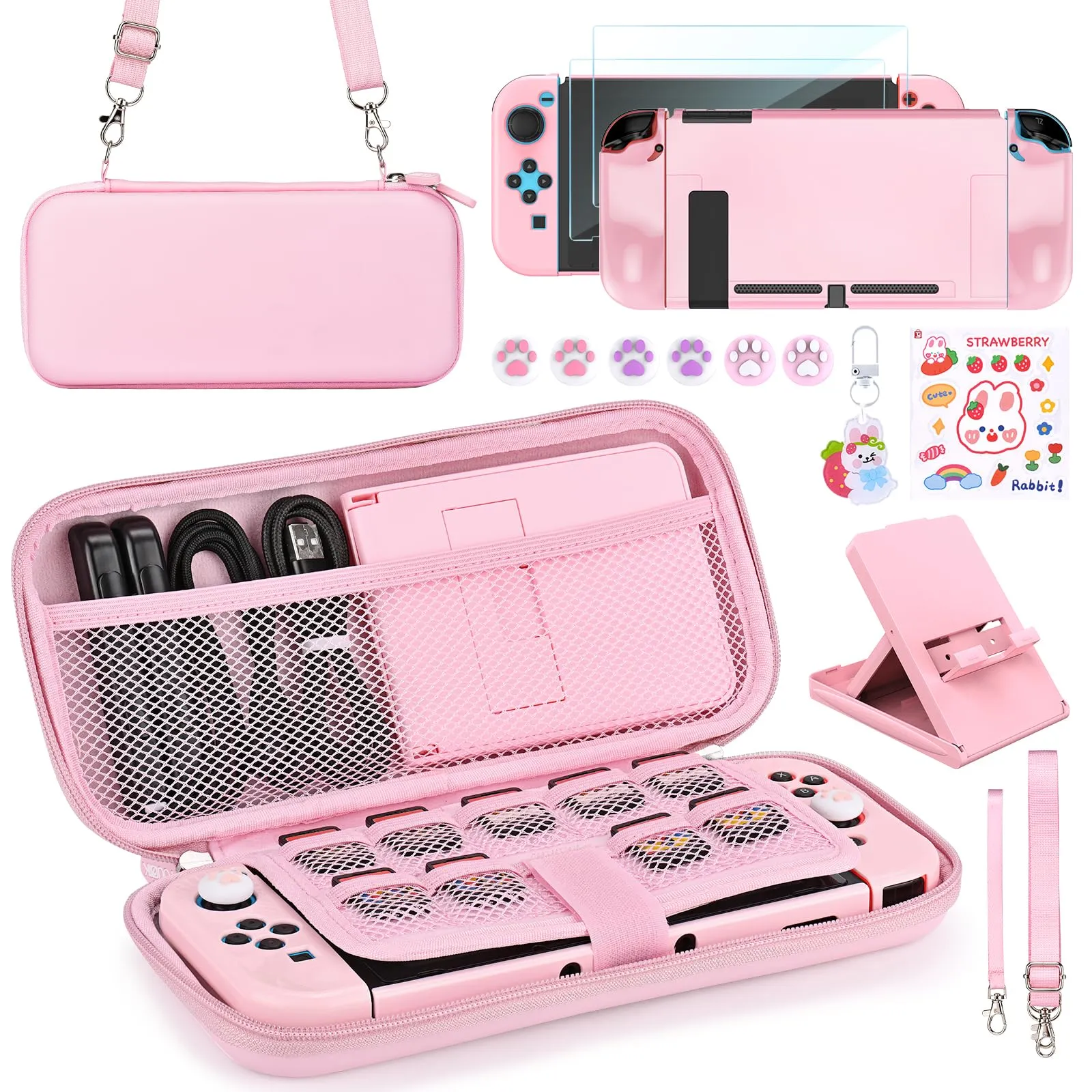 Younik Pacchetto Accessori Switch, kit Accessori Rosa 17 in 1 per Ragazze Include Custodia per Switch, Supporto Regolabile, Custodia Protettiva per Console Switch e J-Con (Rosa Brillante)