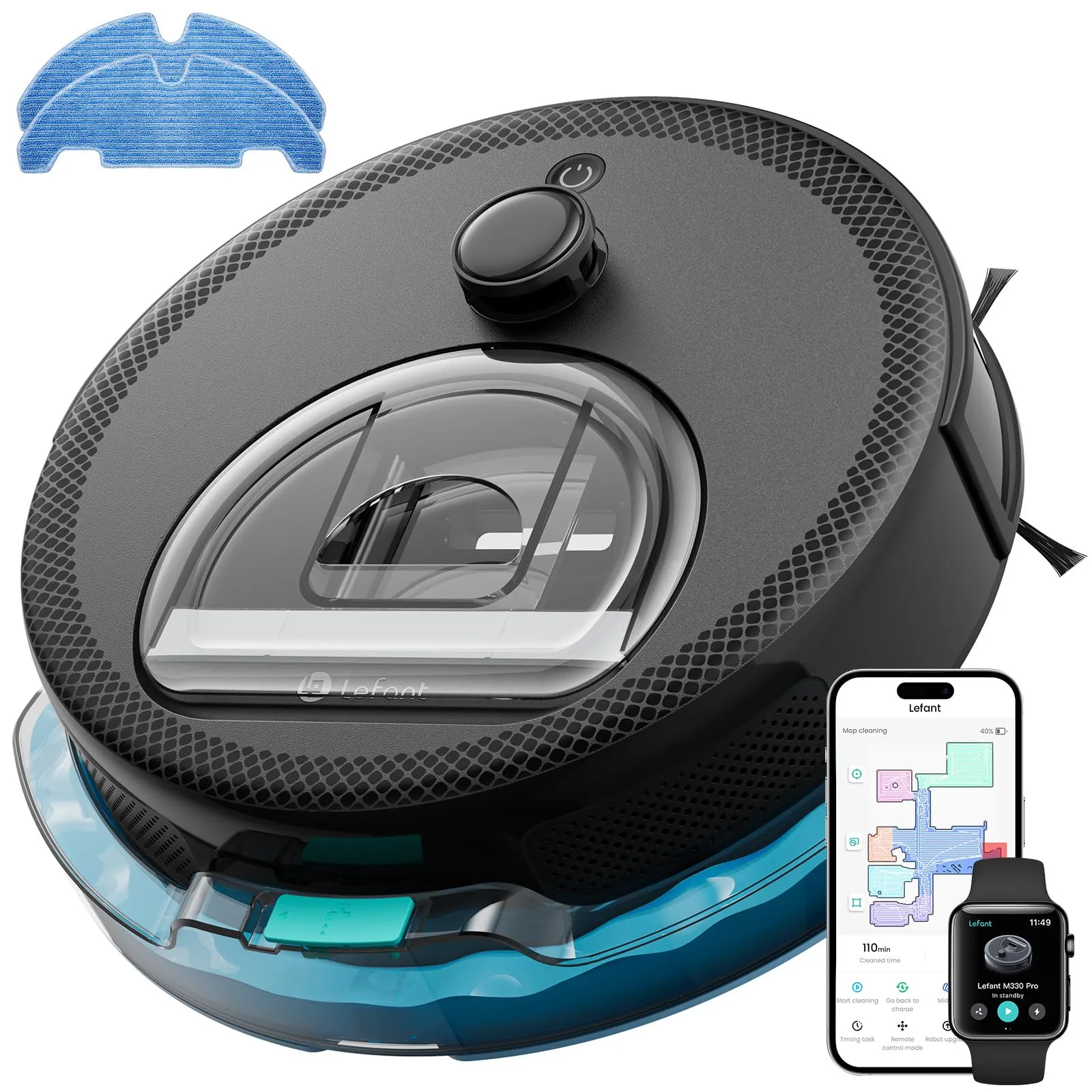 LEFANT M330 Pro Robot Aspirapolvere Lavapavimenti con Mappatura, Aspirazione 5000Pa, Senza Grovigli, Navigazione dToF, Evitamento PSD, Ideale per Tappeti, Pavimenti Duri, 150min, Alexa/APP/WiFi, Nero