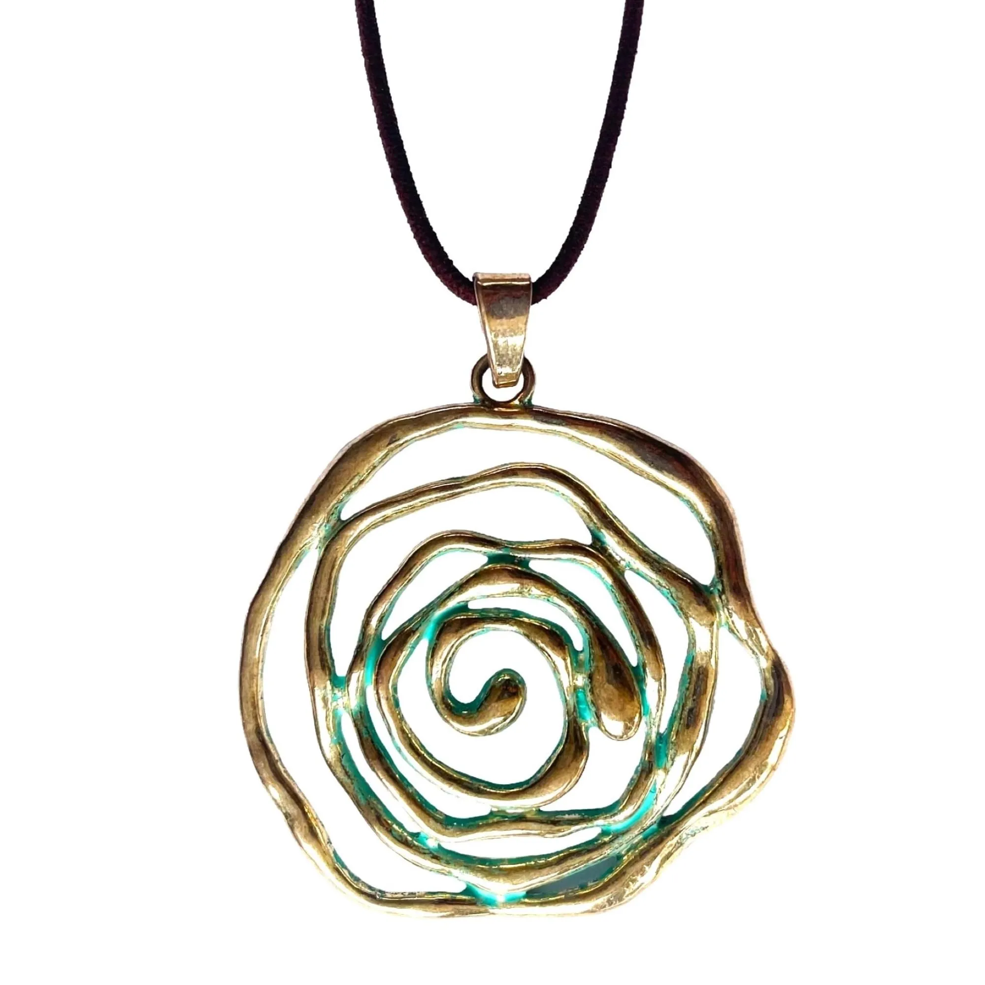 Ciondolo Grande a Spirale in Oro e Verde Turchese per Donna - Collana da Donna a Fiori con Catena in Antelina Marrone - Altezza Regolabile - Ideale come Regalo - Fiore Grande a Spirale (Dorado)