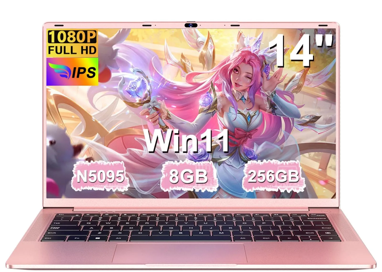 Pc Portatile 14 Pollici Win11 Notebook Celeron N5095 Upto 2,9 GHz Notebook 8GB RAM 256GB SSD TF 1TB LPDDR4 5G WiFi 1920*1080 FHD USB 3.0 Laptop QWERTY Tastiera Film Italiana - Oro Corpo in Metallo