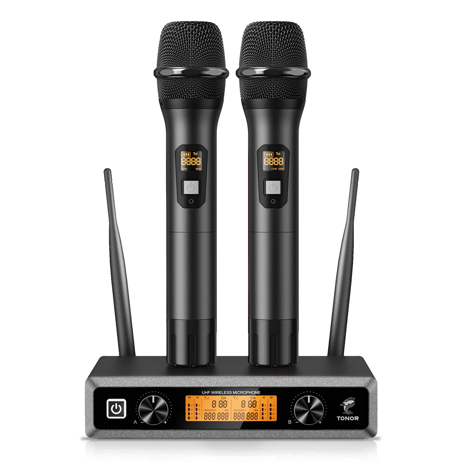 TONOR Microfono wireless UHF professionale dinamico doppio microfono senza fili, sistema di microfono a mano, set per karaoke, feste, DJ, chiesa, matrimonio, riunione, 60 metri, TW820, Nero