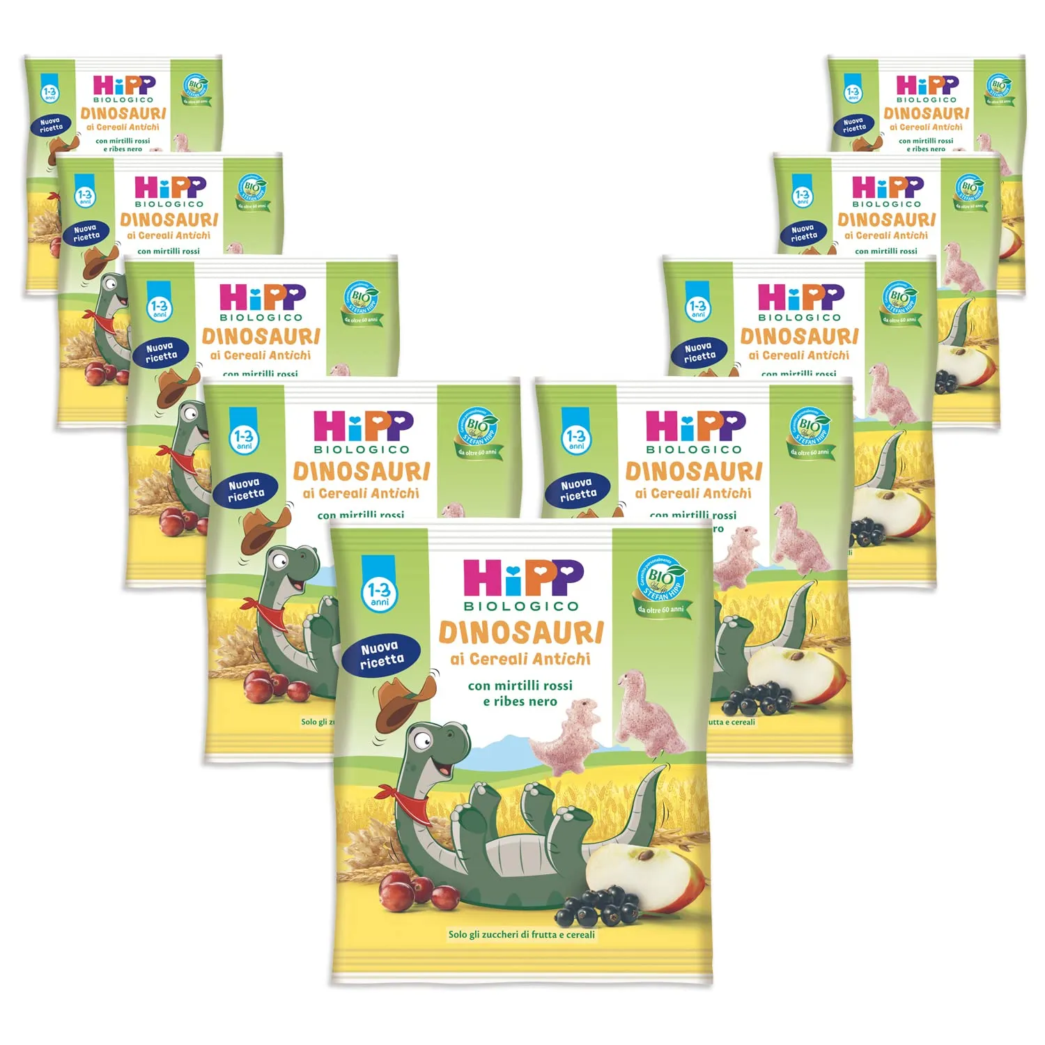 HiPP - Dinosauri ai Cereali Antichi, Snack Biologico per Bambini con Mirtilli Rossi e Ribes Nero, 9 Confezioni da 30 gr