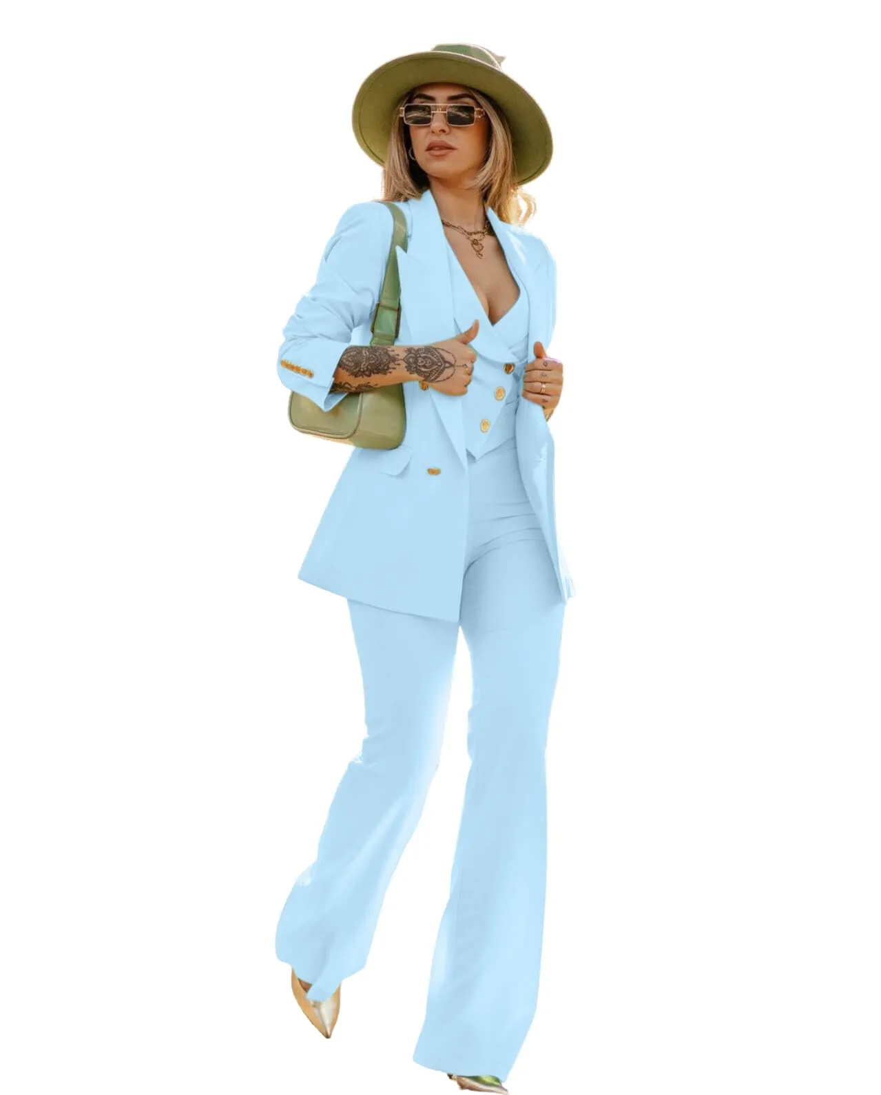 Generico Tailleur Donna Giacca Top Cropped Pantalone Zampa Casual Elegante Celeste/M/L