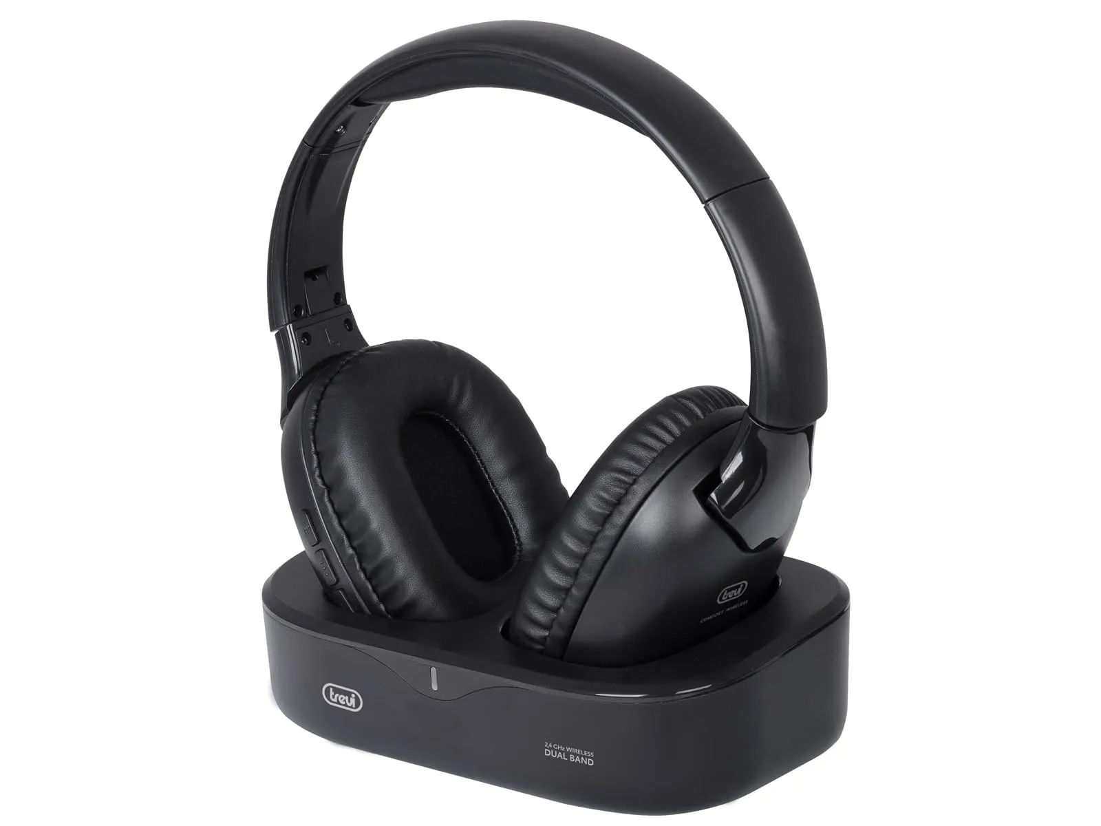 Trevi FRS 1490 RW Cuffia Wireless con Base di Ricarica, Audio RF 2,4 GHz fino a 20m, Ingresso Ottico e Jack 3,5 mm, Compatibile con Smartphone, Microfono Integrato, Spegnimento Automatico