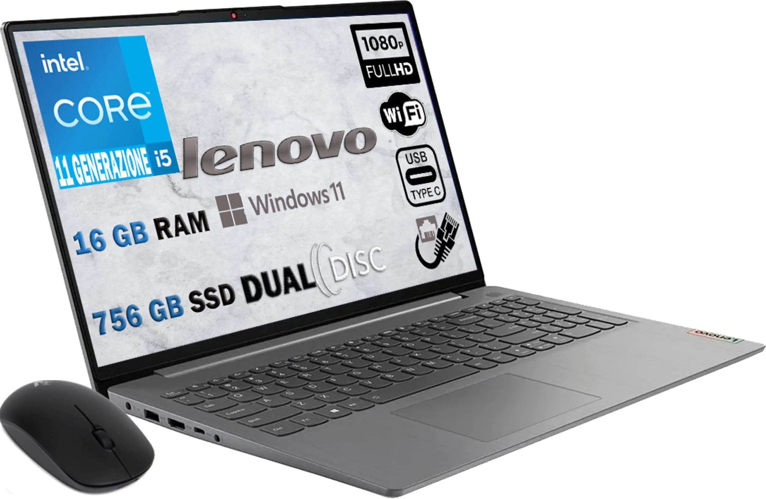 Lenovo Notebook, Pc portatile cpu Intel i5 12Th gen, 10 Core, 16 Gb RAM, Display Full HD da 15,6", SSD Nvme da 750 Gb, Windows 11 Pro, Office Pro + mouse wireless