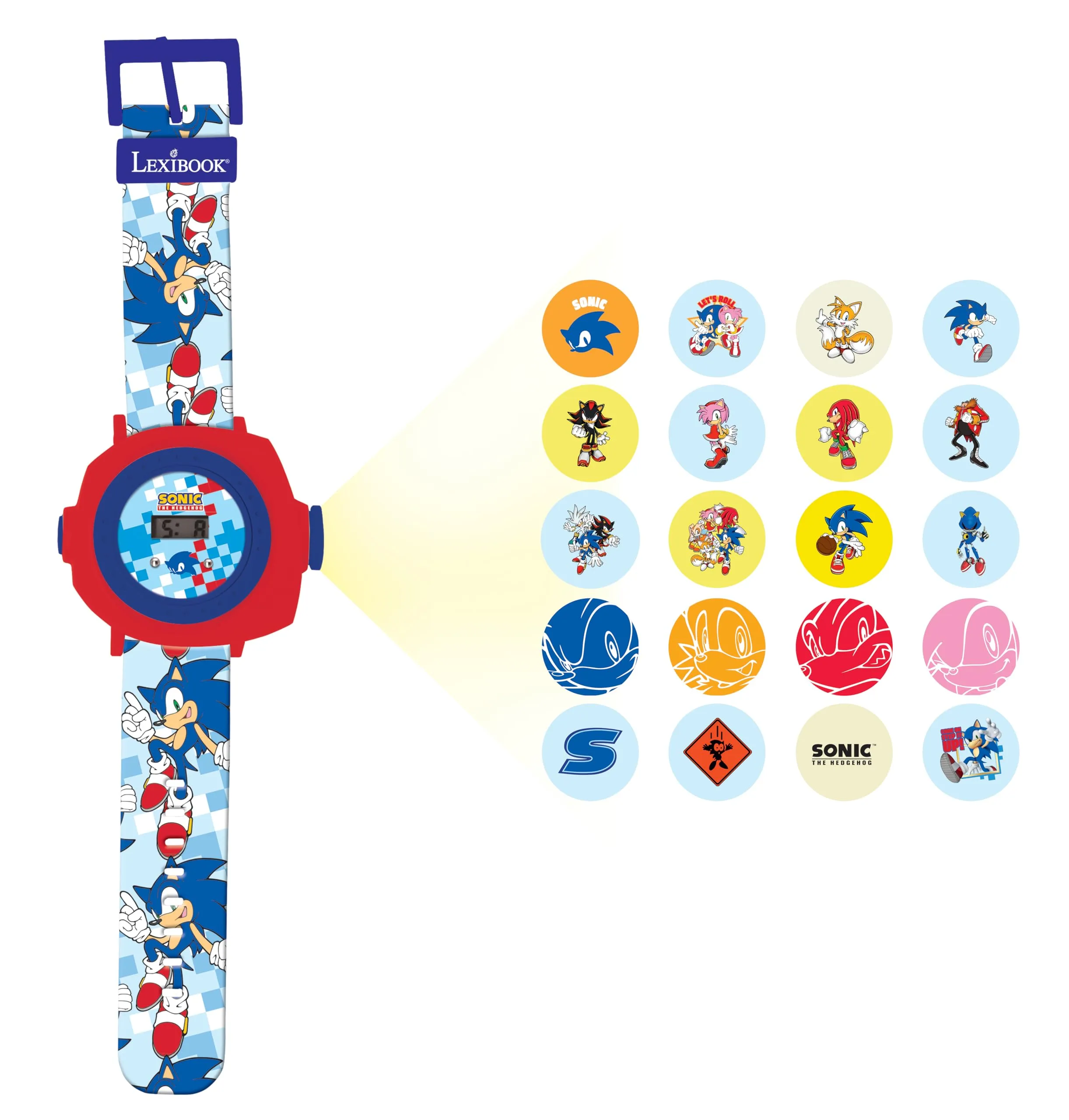 Lexibook, SEGA Sonic The Hedgehog, Orologio da proiezione regolabile con schermo digitale, Proietta 20 immagini di Sonic, per bambini, Blu/rosso, DMW050SN