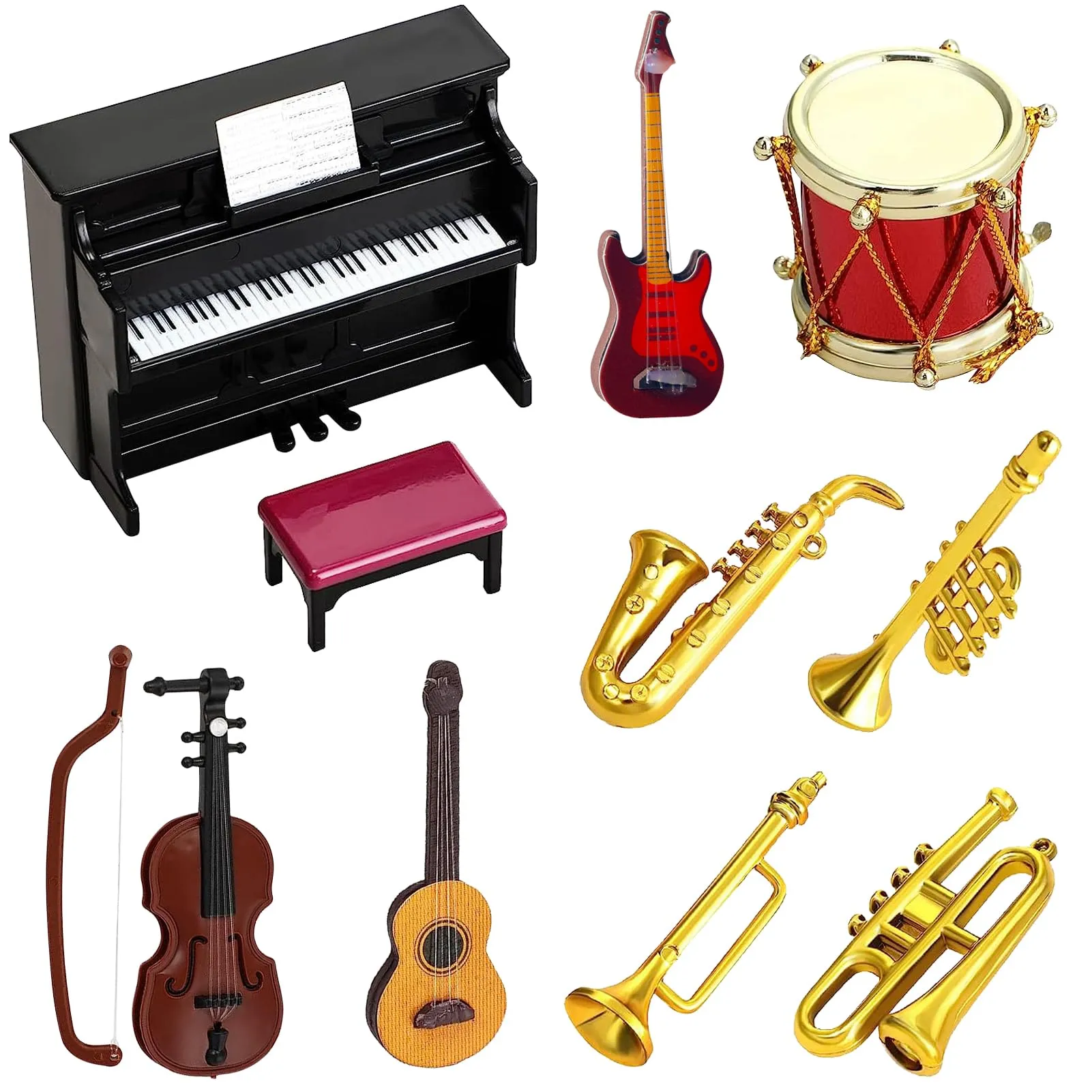 Modelli di Strumenti Musicali in Miniatura,10 pezzi Set di Strumenti Musicali in Miniatura,1:12 Mini Strumento Musicale, mini batteria,chitarre, pianoforte,per Casa delle Bambole