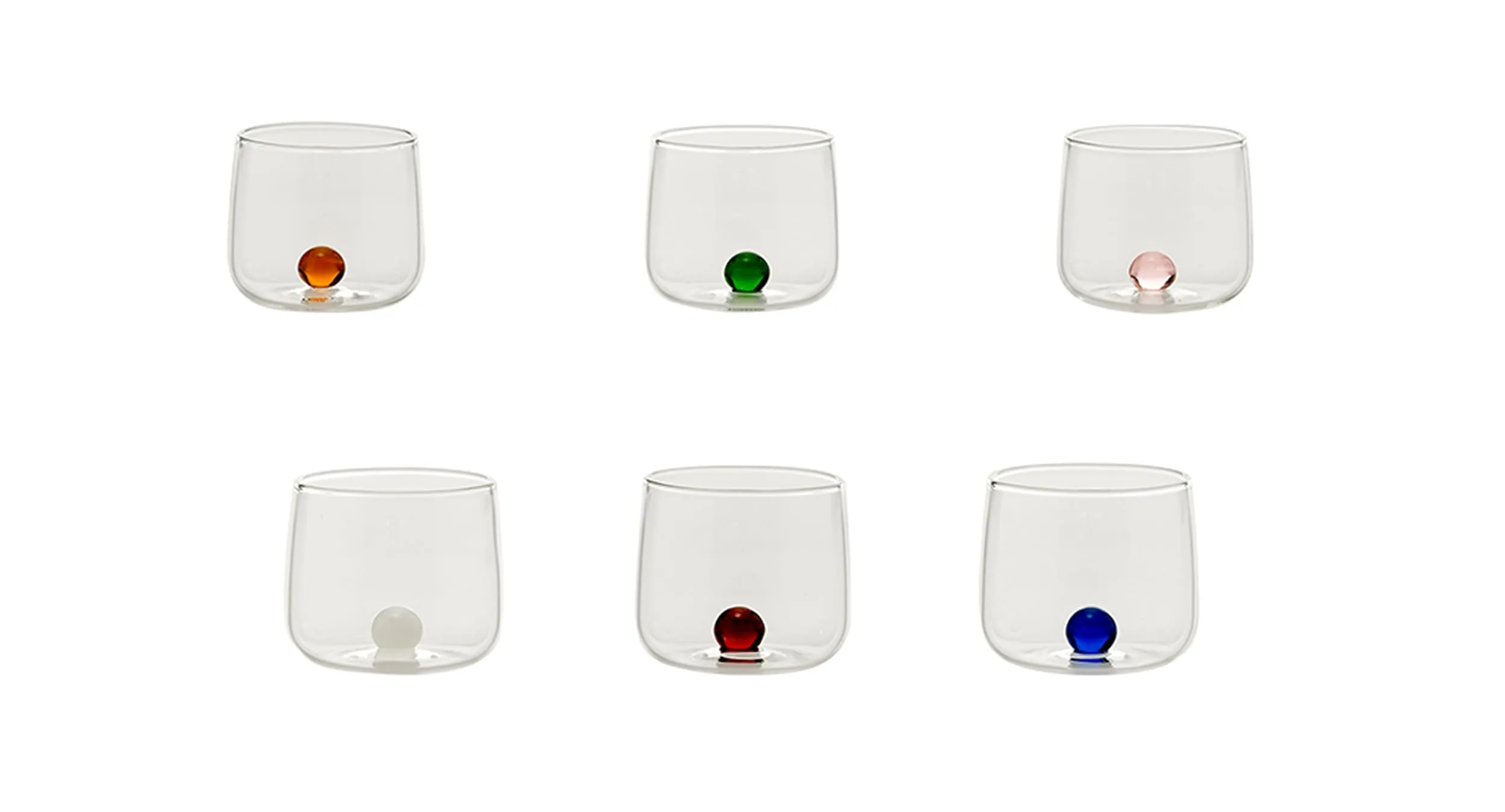 Zafferano Bilia Junior - Set di 6 bicchieri da liquore in vetro borosilicato trasparente, con sfera in 6 diversi colori