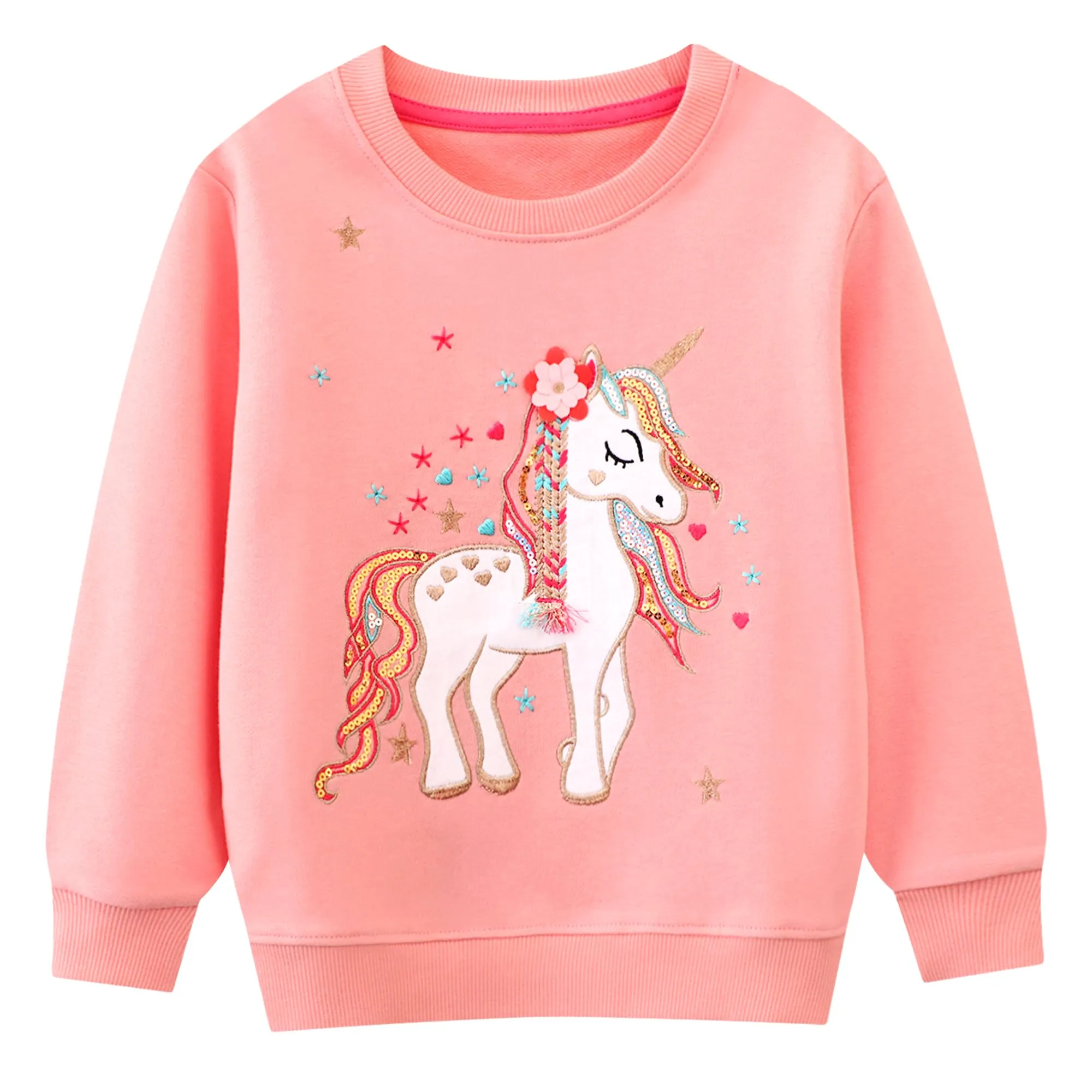 FILOWA Felpa per Bambina, Ragazza Unicorno Floreale Ricamata Pullover Maglione Cotone Girocollo Moda Manica Lunga Maglietta Casual Top Senza Cappuccio Felpe 4-5 Anni, Rosa