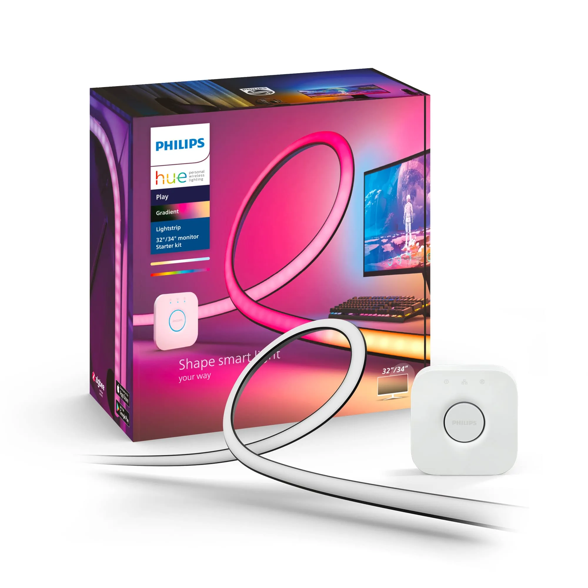 Philips Hue Play, Lightstrip Gradiend per Pc, 32-34", Hue Bridge Incluso, 23W