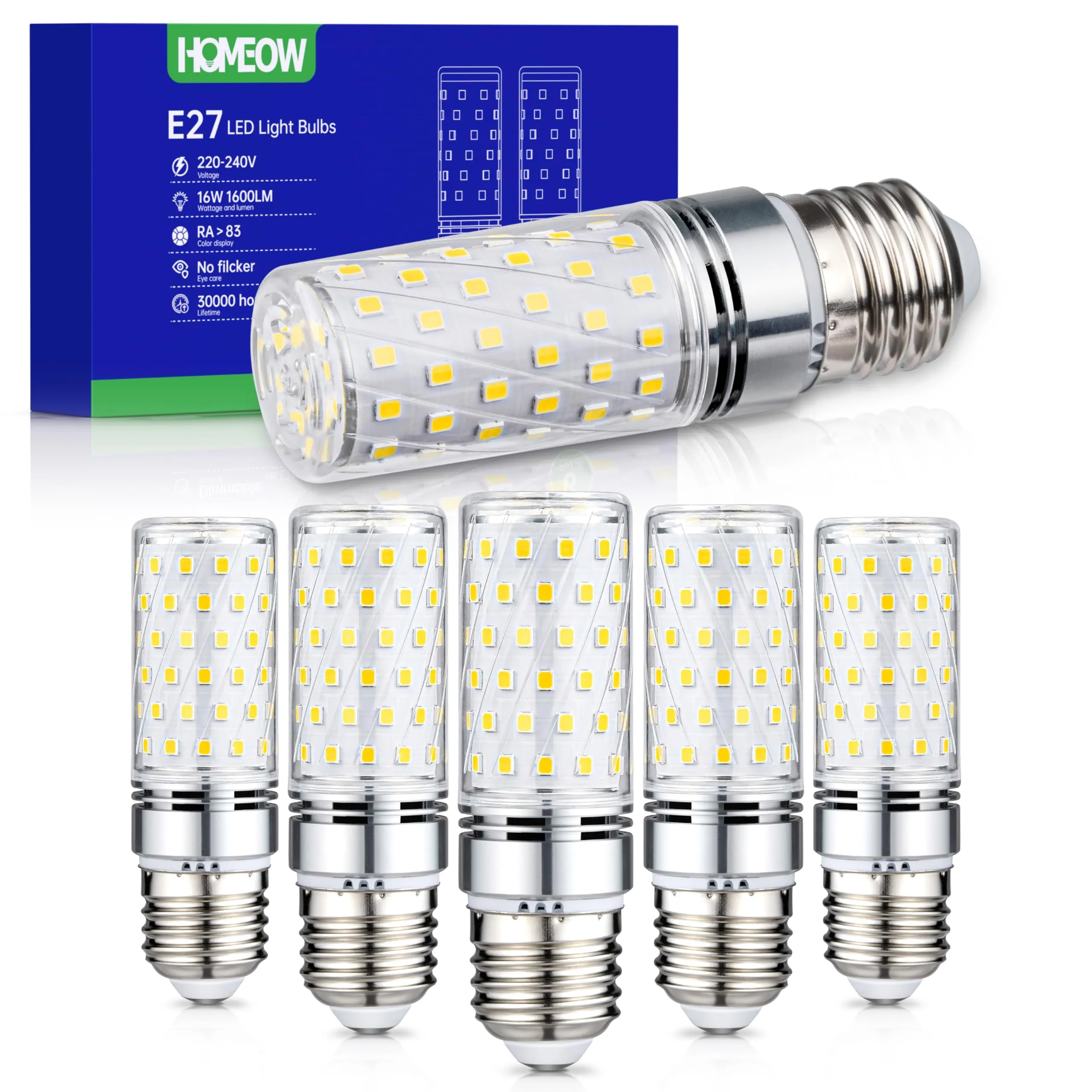HOMEOW Lampadine LED E27 Luce Naturale 4000K, 16W 1600LM Lampadina LED E27, Equivalenti a 150W Lampada Alogena, Lampade LED E27 Mais Risparmio Energetico, AC 220-240V, Set di 6