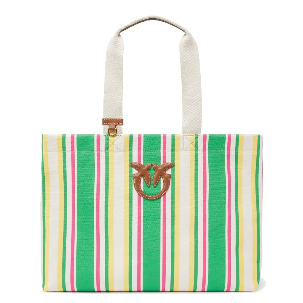 Pinko Borsa Shopper a Righe, Tela di Cotone, 42 x 32 x 21 cm, Giallo/Fucsia/Verde