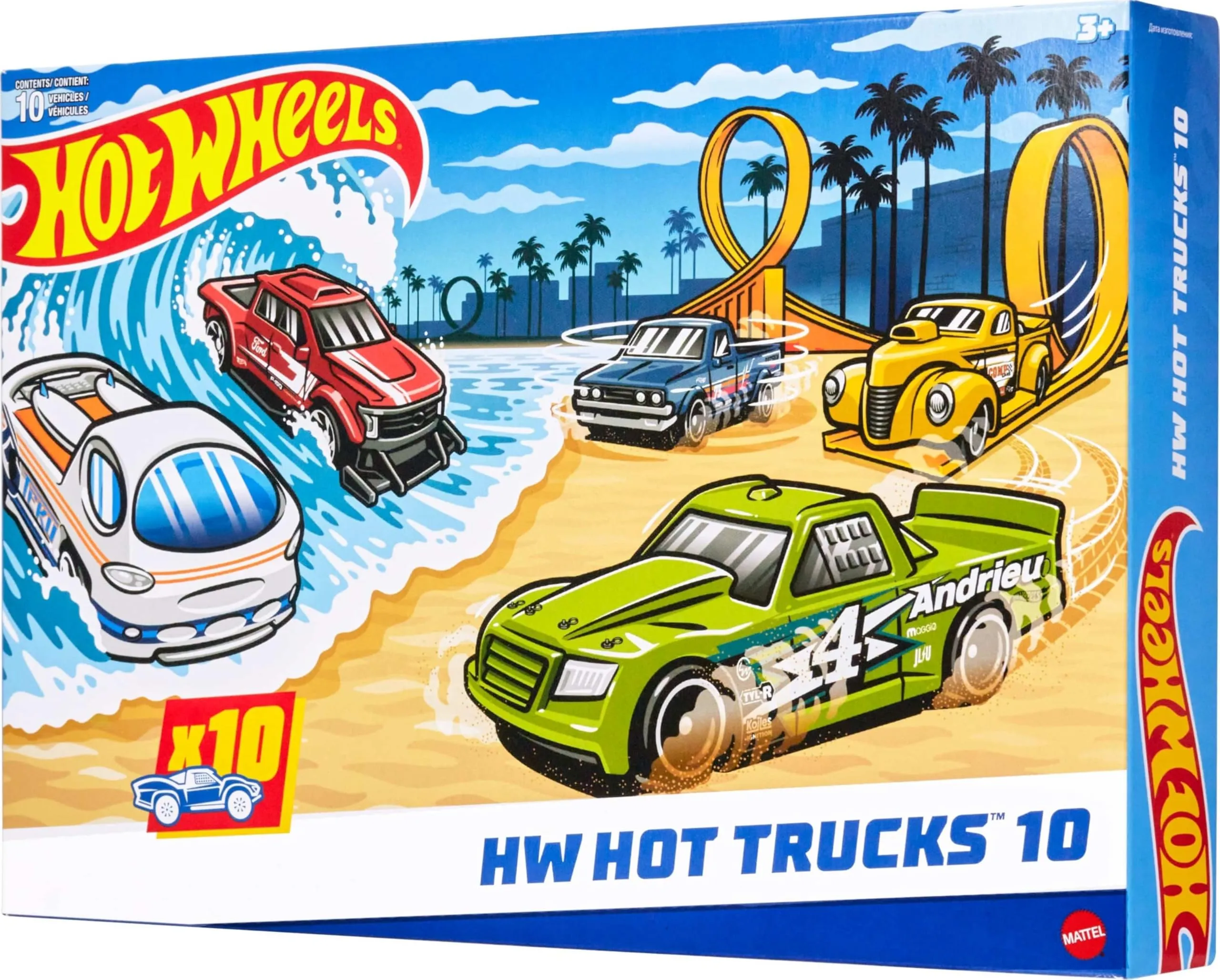 Hot Wheels - Set da 10 truck acrobatici, utilitari, da corsa e altri pick-up, veicoli die-cast in scala 1:64, modelli moderni e retrò da collezione, giocattolo per bambini, 3+ anni, HYM97
