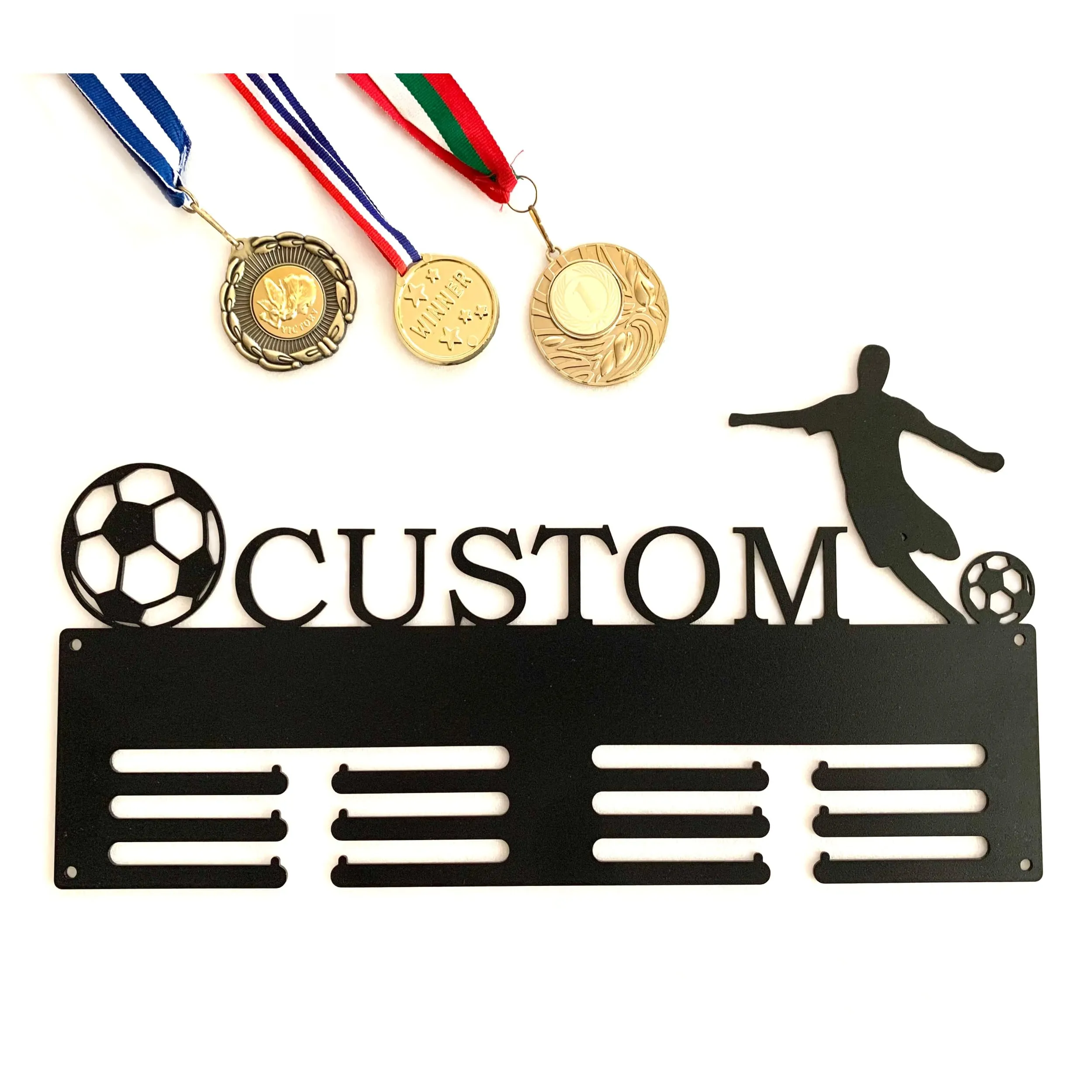 Porta Medaglie Personalizzato per Calcio con nome, Giocatore di calcio, Decorazioni Per La Casa, Espositore Per Montaggio A Parete Con Gancio Per Appendere Medaglie, Supporto in Metallo