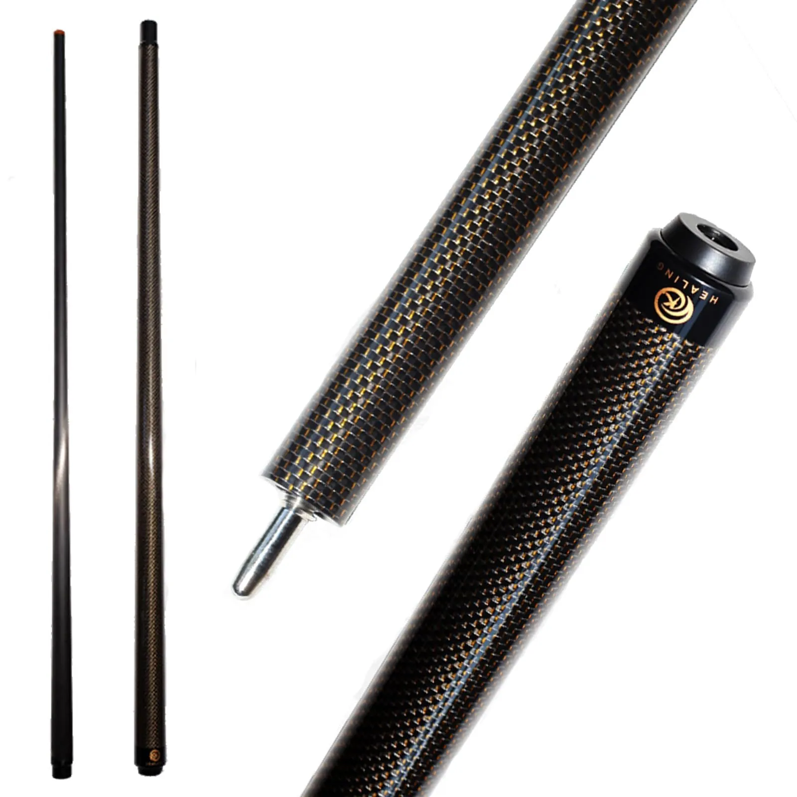 KHEALING Stecca da Biliardo in Fibra di Carbonio da 58 Pollici, Struttura 1/2, connettore a 3 Denti, Punta da 12,4 mm, 540-567 g, Adatta per Giocatori di Biliardo Professionisti (Giallo)
