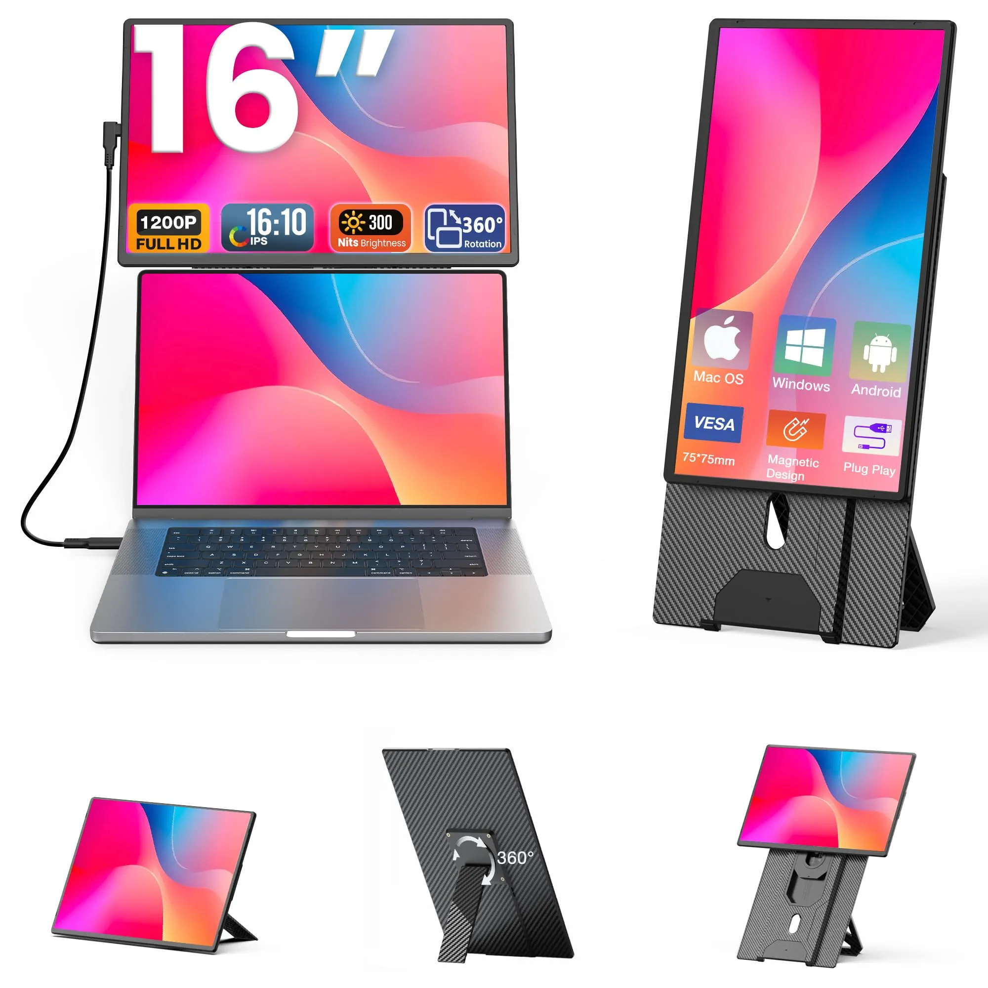 Kwumsy Monitor Portatile Per Laptop 16 Pollici, FHD 1920x1200P Doppio Monitor Portatile Per All Laptop, Con 16:10 Ultra Sottile Schermo, Supporto Girevole A 360° E Staccabile Schermo (Montabile VESA)