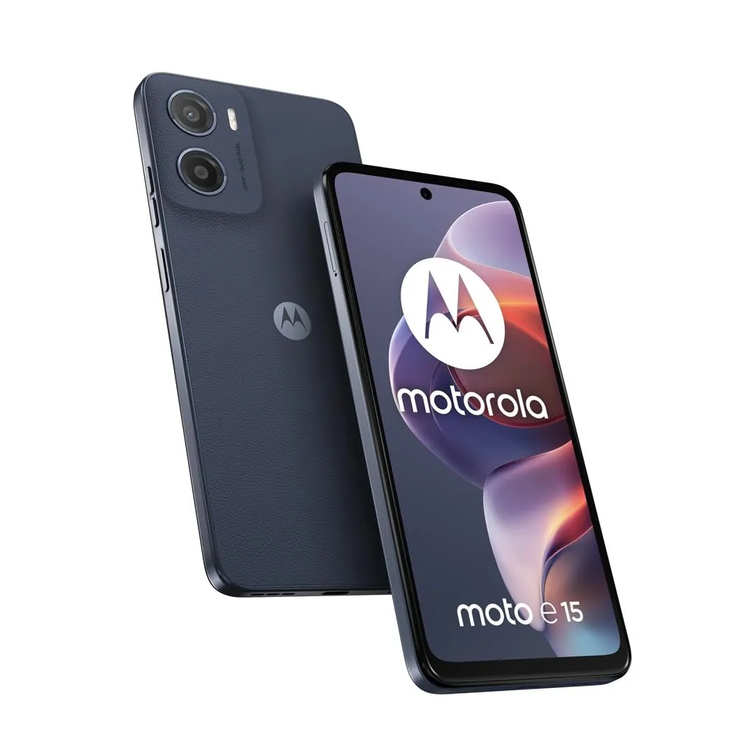 Motorola moto e15 (2/64GB, Fotocamera da 32MP + sensore antisfarfallio, Display 6.67" HD+ 90Hz Corning® Gorilla® Glass 3, 5200mAh, MediaTek Helio G81 Extreme, Android 14 Go Edition), Denim Blue