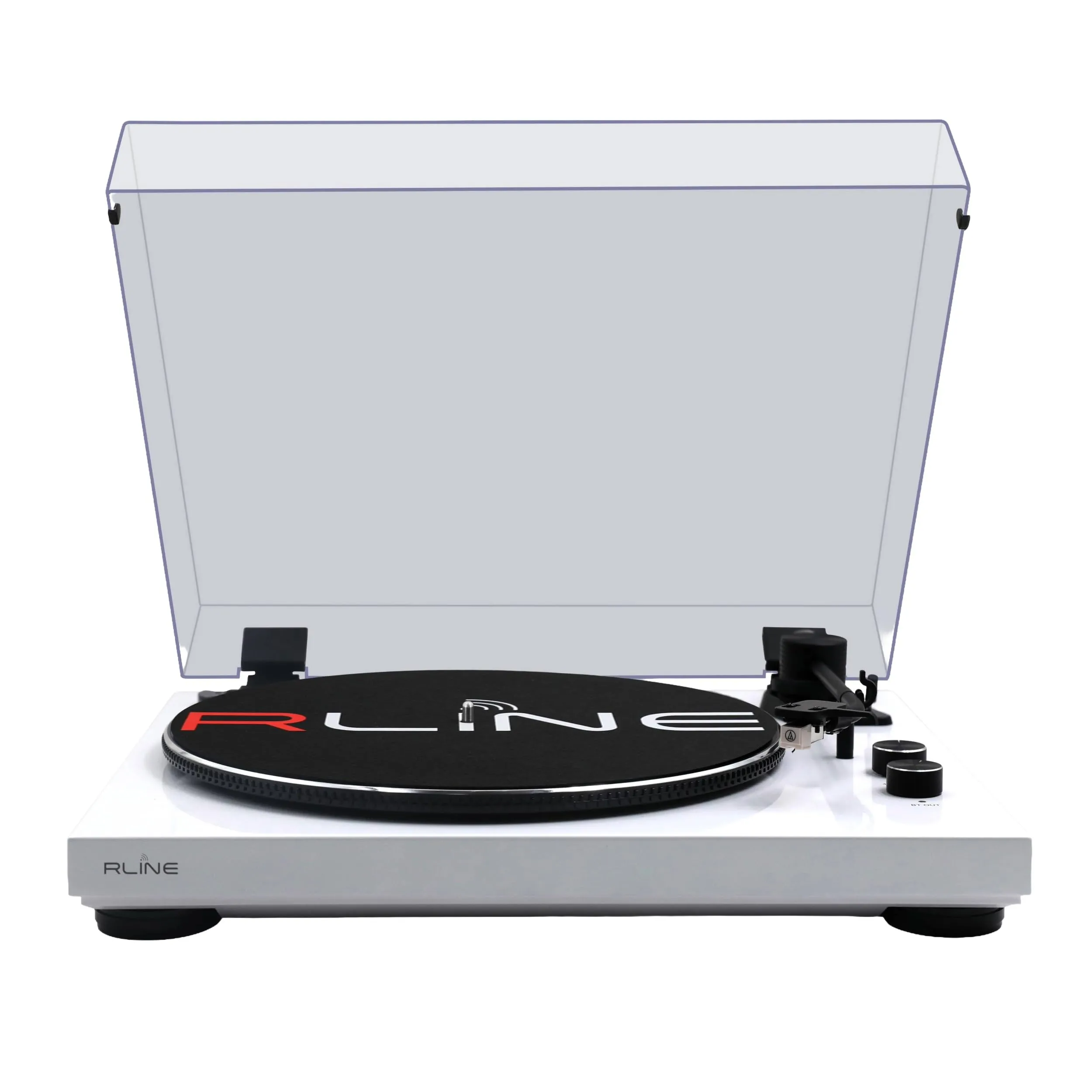 RLINE - Giradischi Vinili Bluetooth Bianco Lucido, Lettore Vinili 33 e 45 Giri, Piatto 12" con Bordo Cromato, Piedini Antivibrazione, Cartuccia Magnetica AT3600, Pre-amplificatore Attivabile