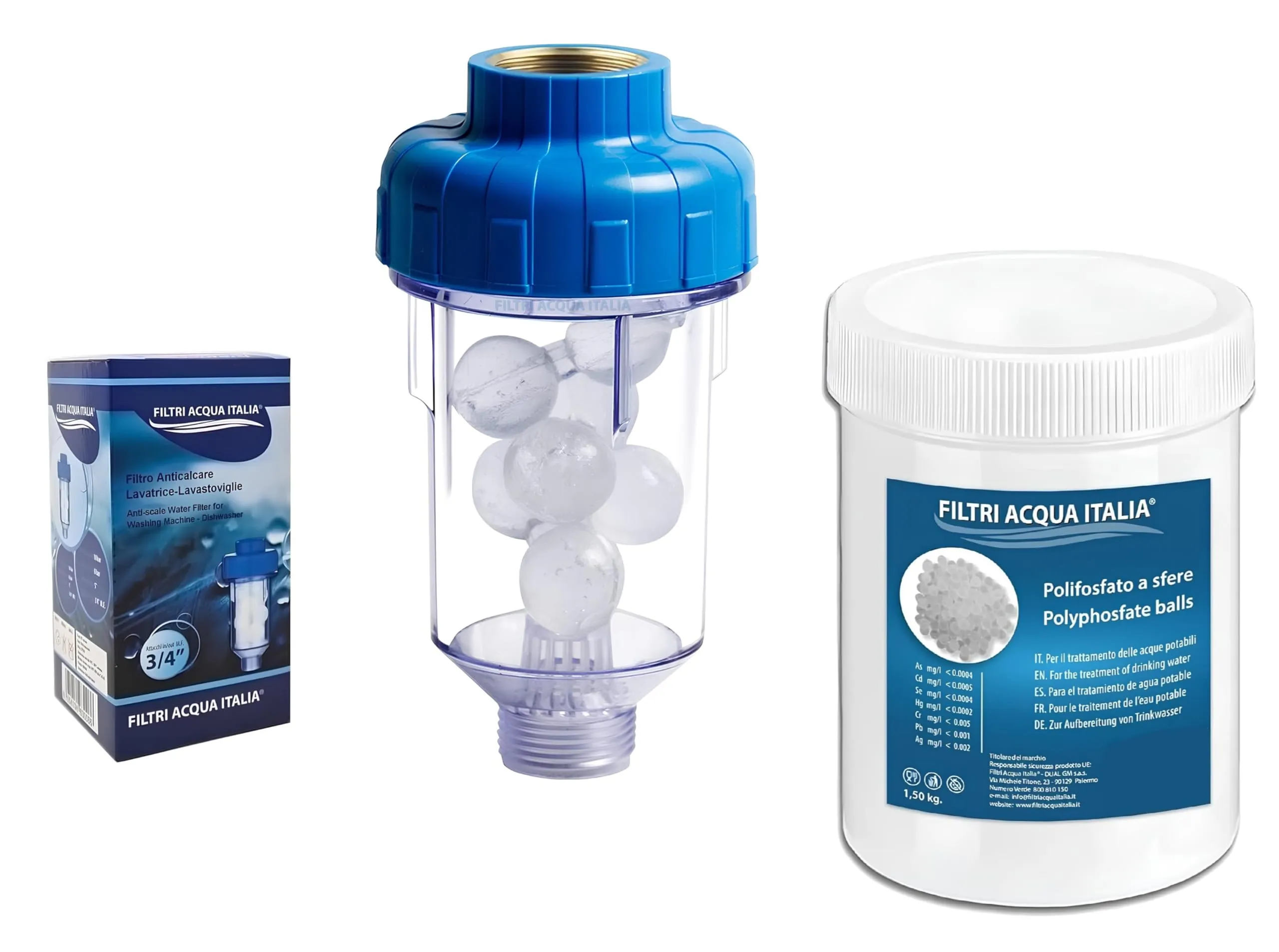 FILTRO ANTICALCARE PER LAVATRICE CON 10 RICARICHE DI POLIFOSFATO DA 1,5 KG.