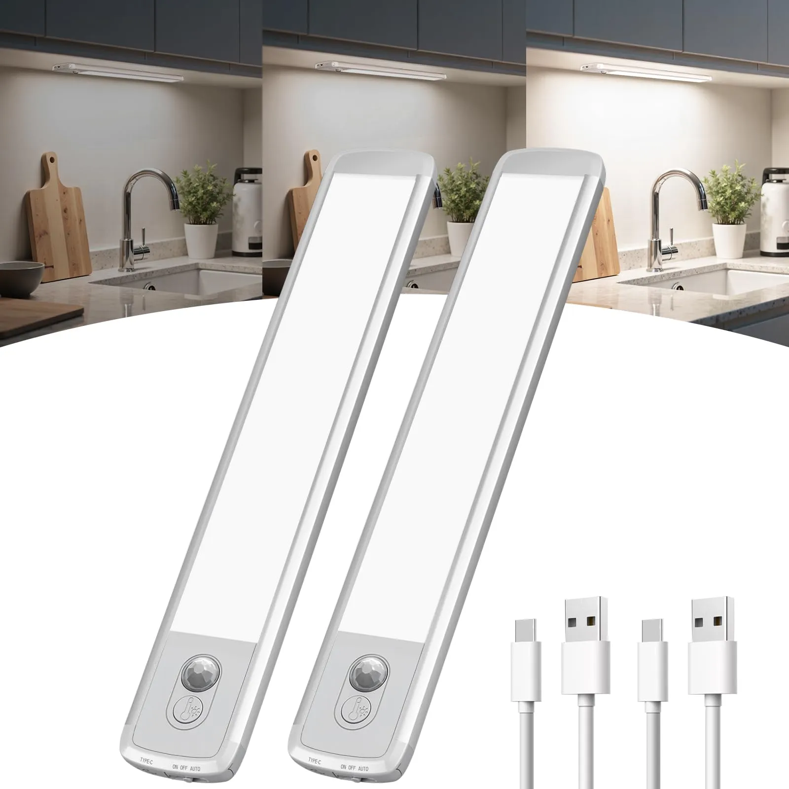 TANSOOL+ Luce Armadio LED con Sensore di Movimento, USB-C Ricaricabile Luce Armadio, LED Sottopensile per Cucina, Scale, Soggiorno, Camere da Letto (21cm, 2 Pezzi)